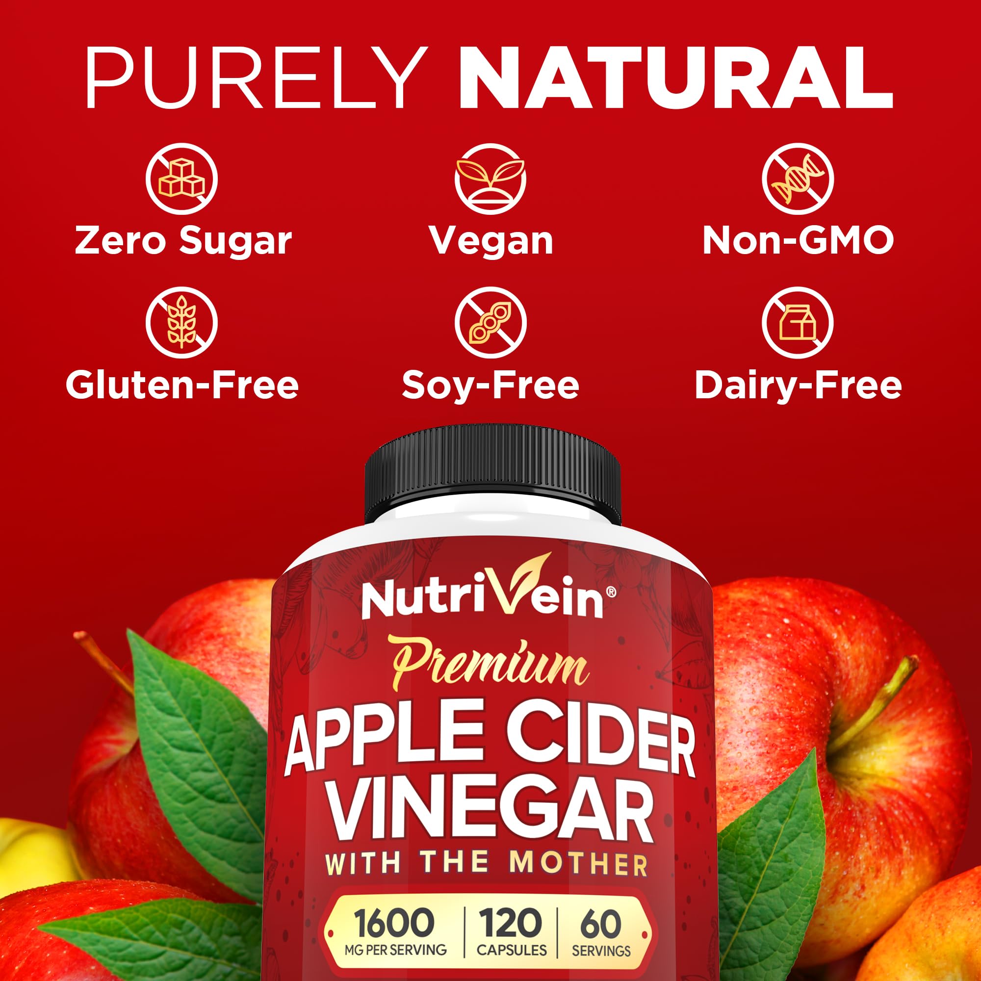 Nutrivein Apple Cider Vinegar Supplement with Mother 1600 mg - 120 Capsules