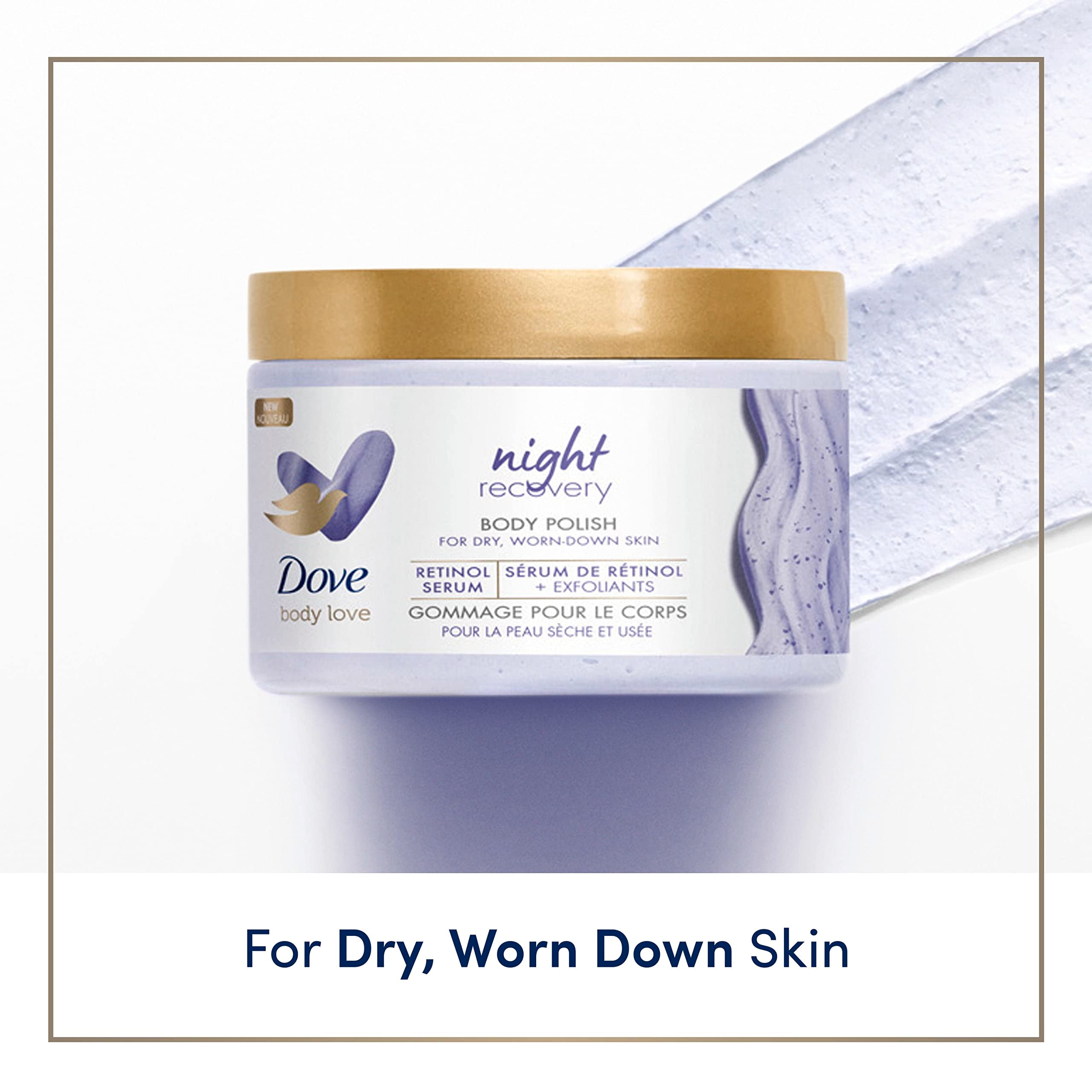 Dove Body Love Night Recovery Body Polish 3-pack, exfoliating skin scrub with natural ingredients, 12 oz bottles
