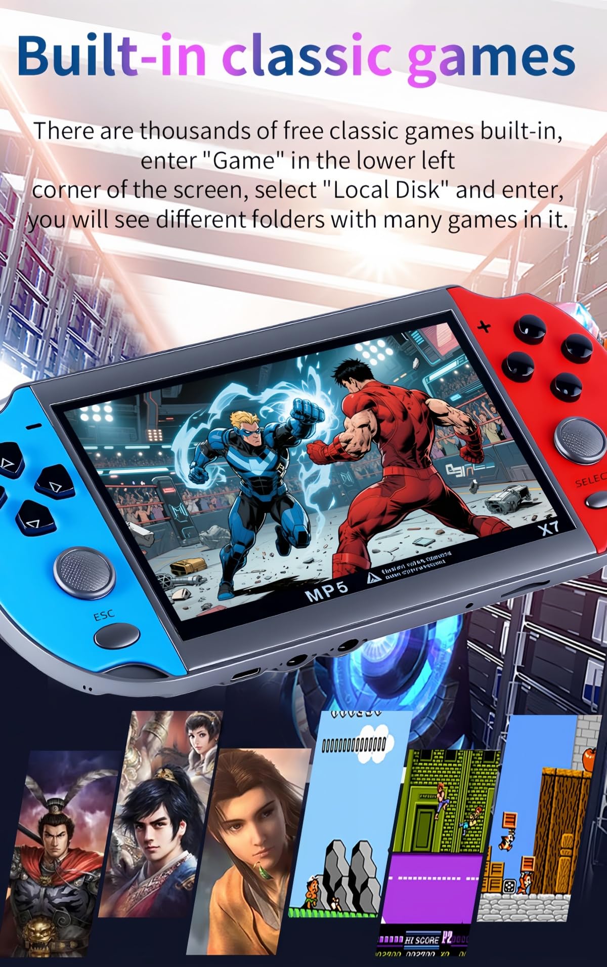 JXD Colorful Retro Video Game Console 4.3 inch Sreen 8GB Built-in 4000 Games Handheld ArcadeGame Console mini Portable G