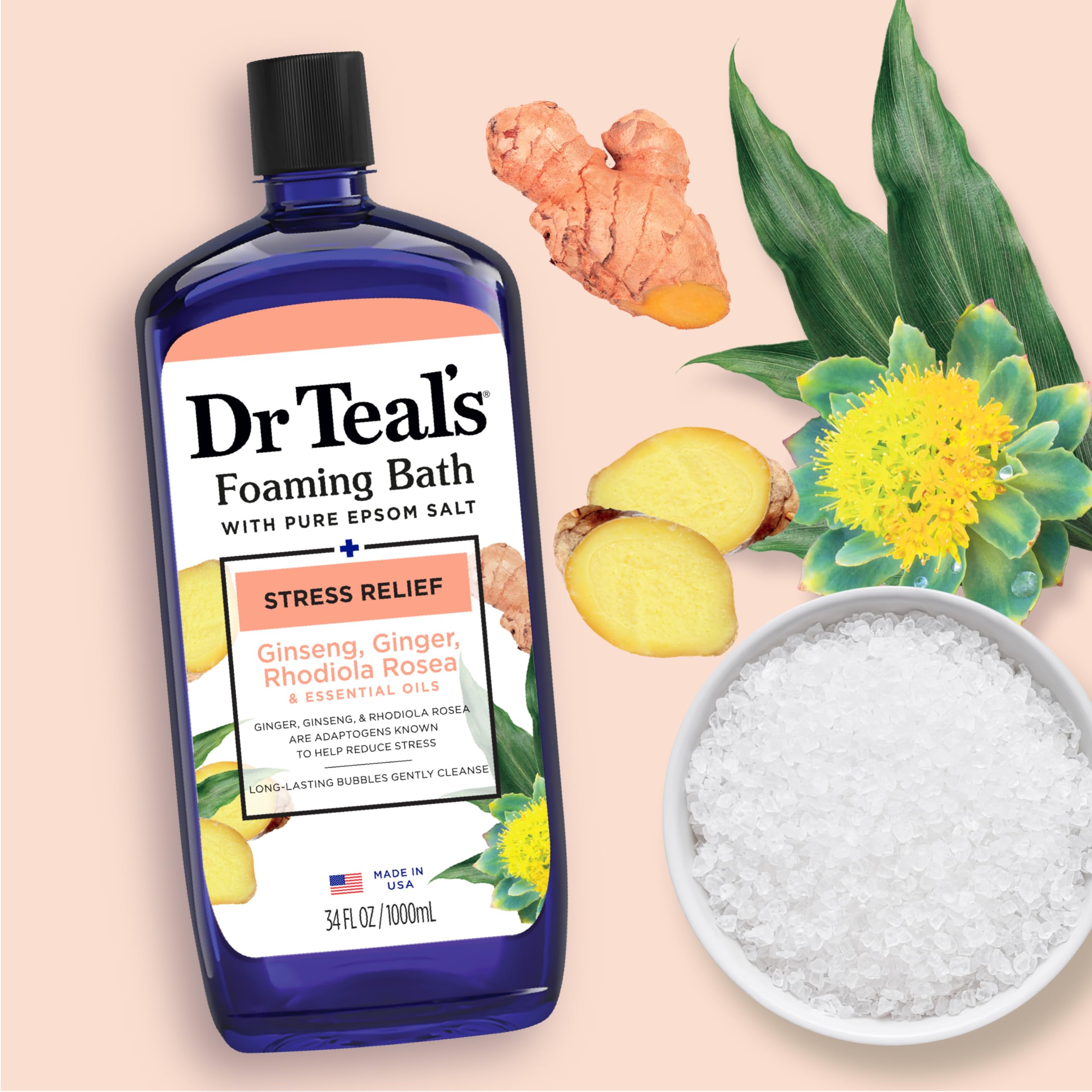 Dr Teal's foaming bath with pure Epsom salt, ginseng & ginger for stress relief, 34 fl oz bottle in pack of four.