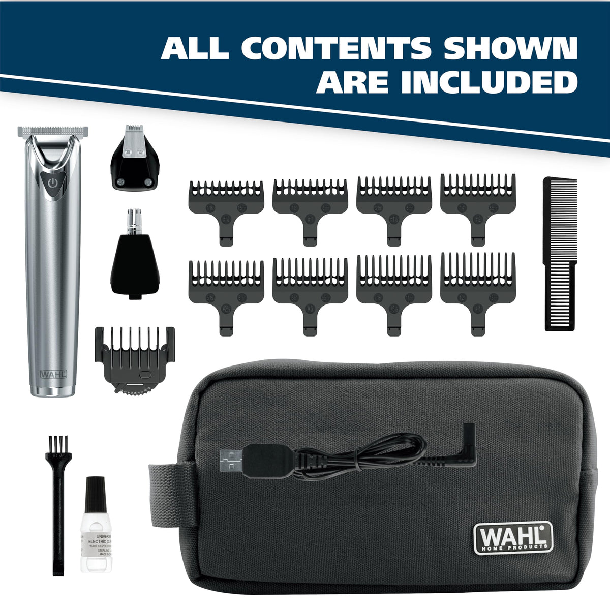 Wahl USA Stainless Steel Lithium-Ion Cordless Beard Trimmer for Men – close-up detail in Stainless Steel