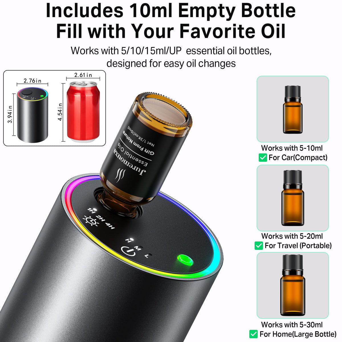 Juremouxa Waterless Diffuser for Essential Oil for Car,Home,Starry Gray – back view and specifications