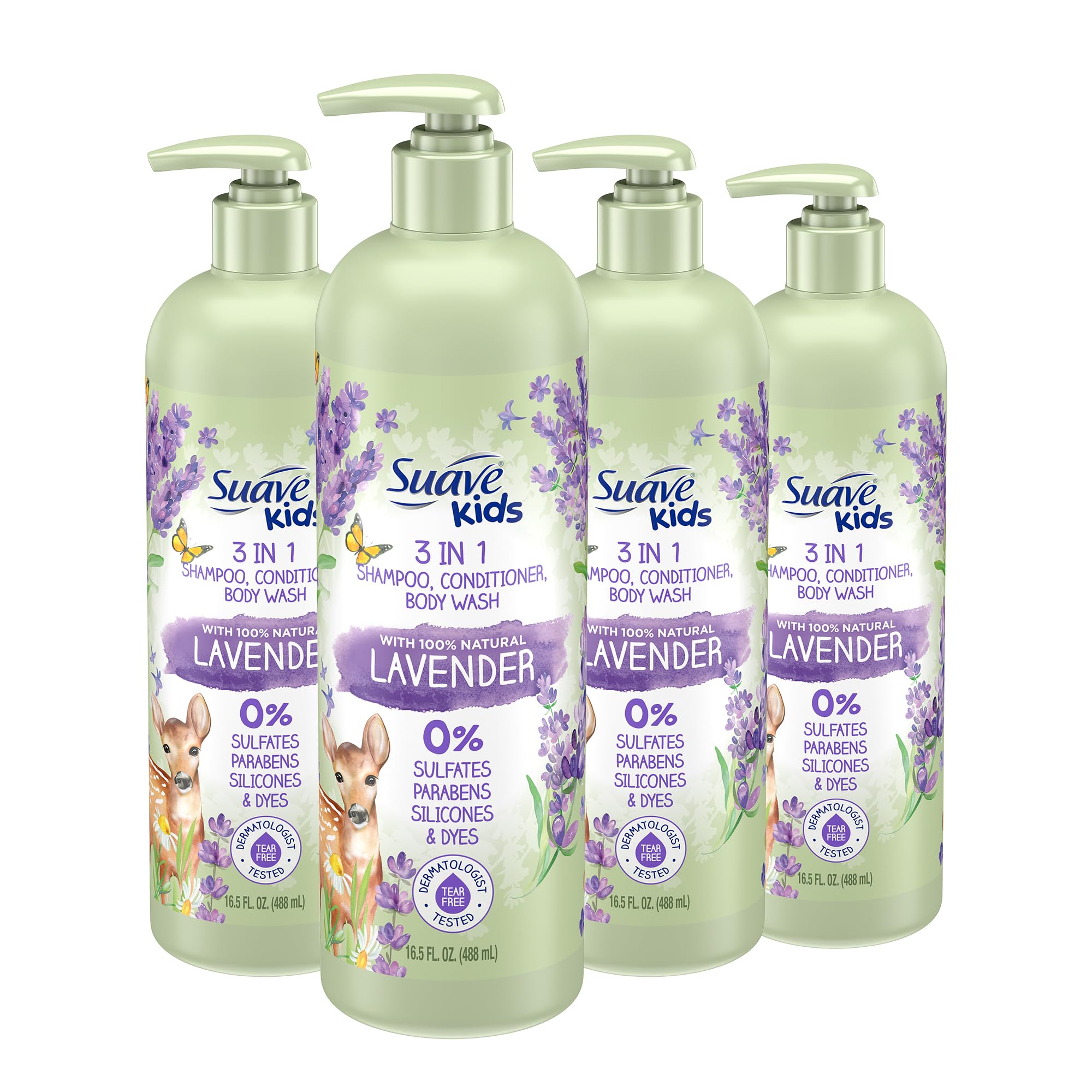 Suave Kids lavender 3-in-1 shampoo, conditioner, and body wash bottles, 16.5 fl oz each, in a 4-pack for children.
