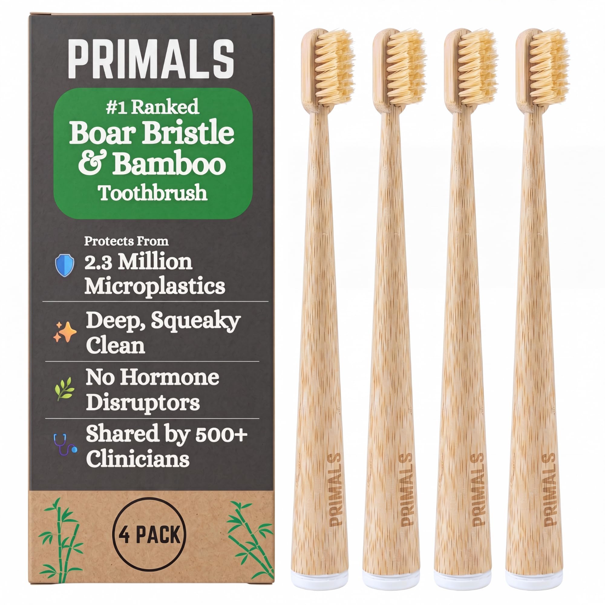PRIMALS Boar Bristle & Bamboo Toothbrush (4-Pack) - Premium Boar - Product Imagery