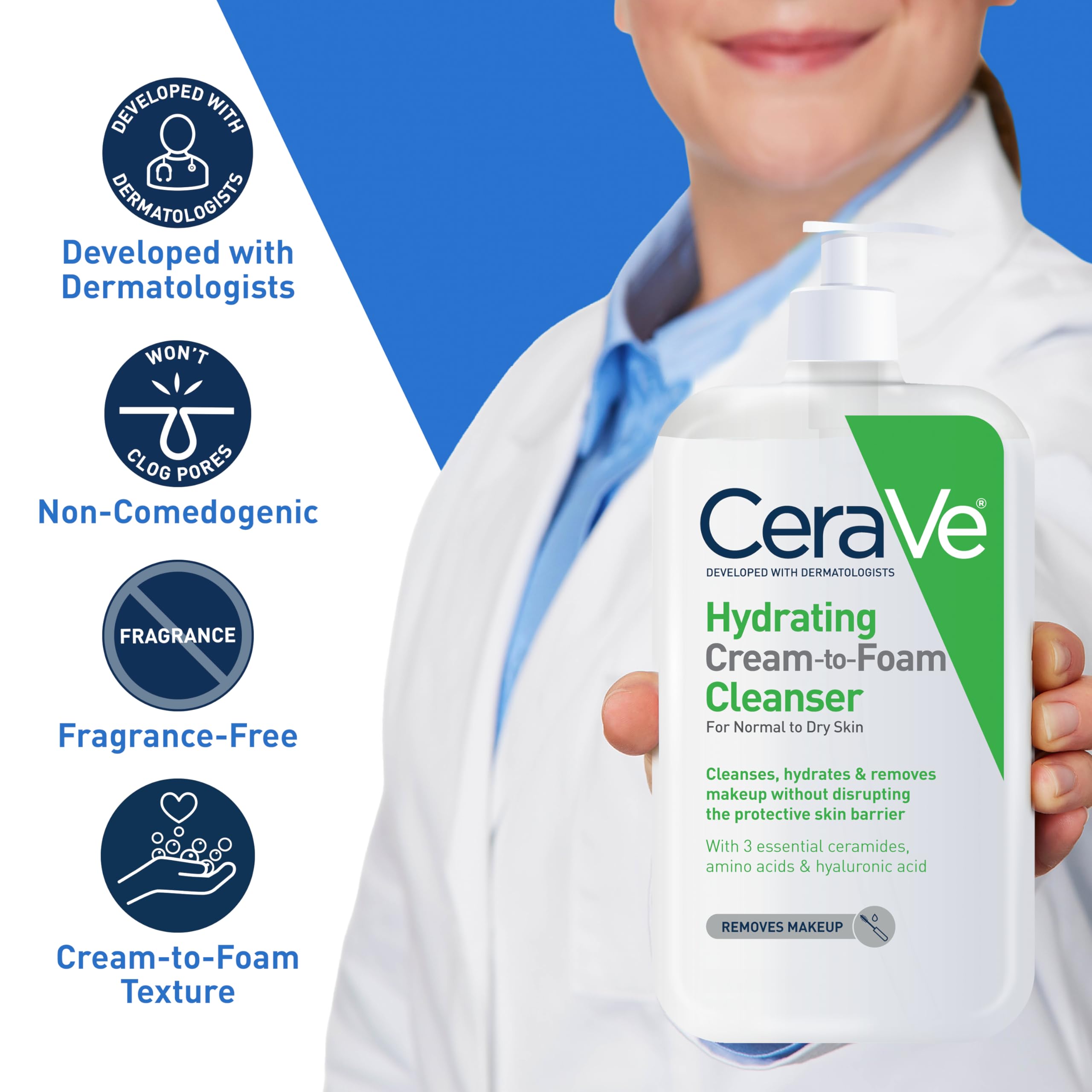CeraVe Hydrating Cream to Foam Cleanser for dry skin, 19oz, gentle face wash with hydrating ingredients and smooth foam.