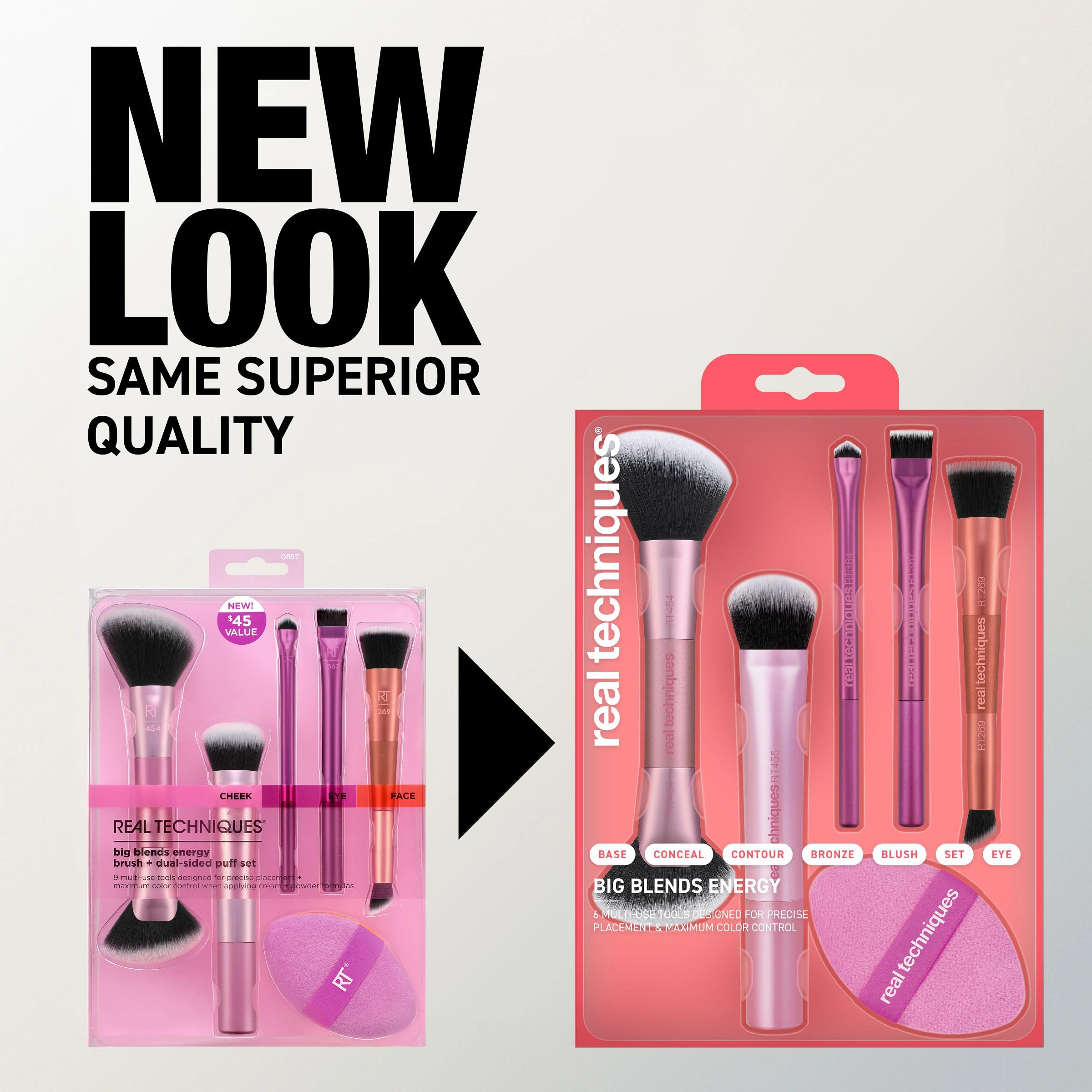 Real Techniques Big Blends Energy Brush and dual-sided puff kit, 6-piece cosmetic brush set for makeup application and blending.