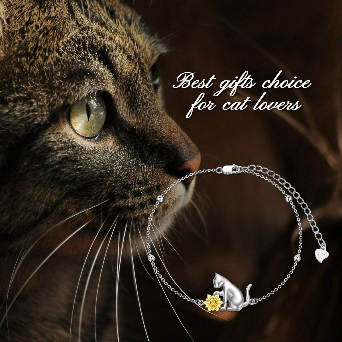 AOBOCO 925 Sterling Silver Cute Cat Kitty Bracelet Adjustable Link Chain, Cat Jewelry Gifts for Cat Lovers 7-9 inches – 