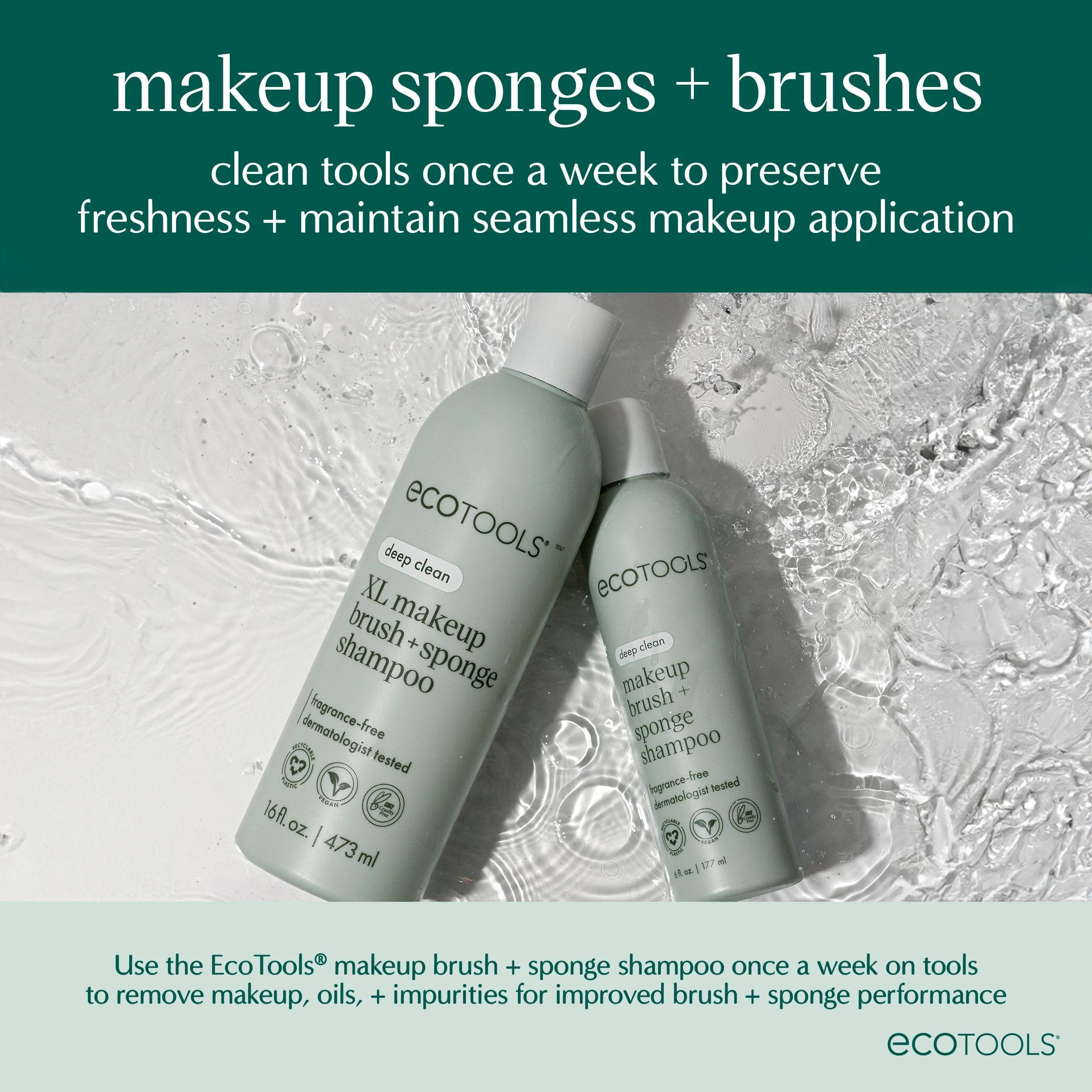 EcoTools XL makeup brush cleanser and sponge shampoo in a 16 oz fragrance-free bottle, ideal for cleaning beauty tools.