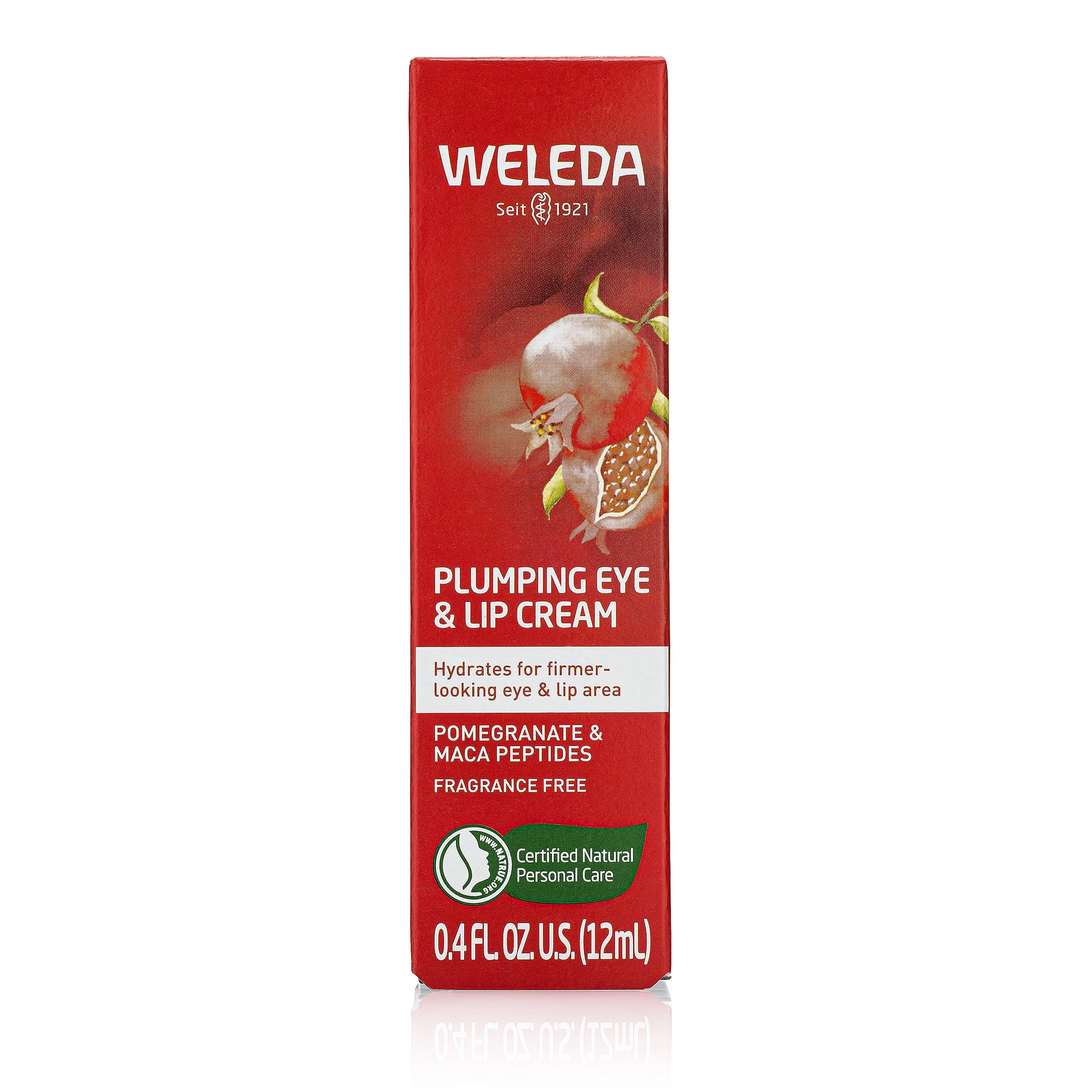 Weleda Plumping Eye and Lip Cream with maca peptides and pomegranate, skin moisturizer for refreshed, hydrated eyes and lips.