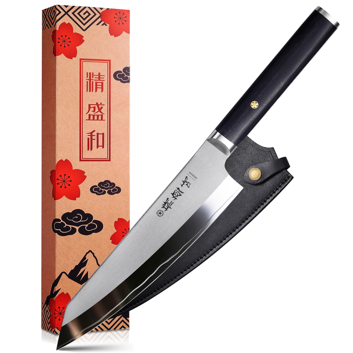 Japanese Chef Knife 8in High Carbon Steel VG 10 Leather - Jingseiho Official Imagery - 2