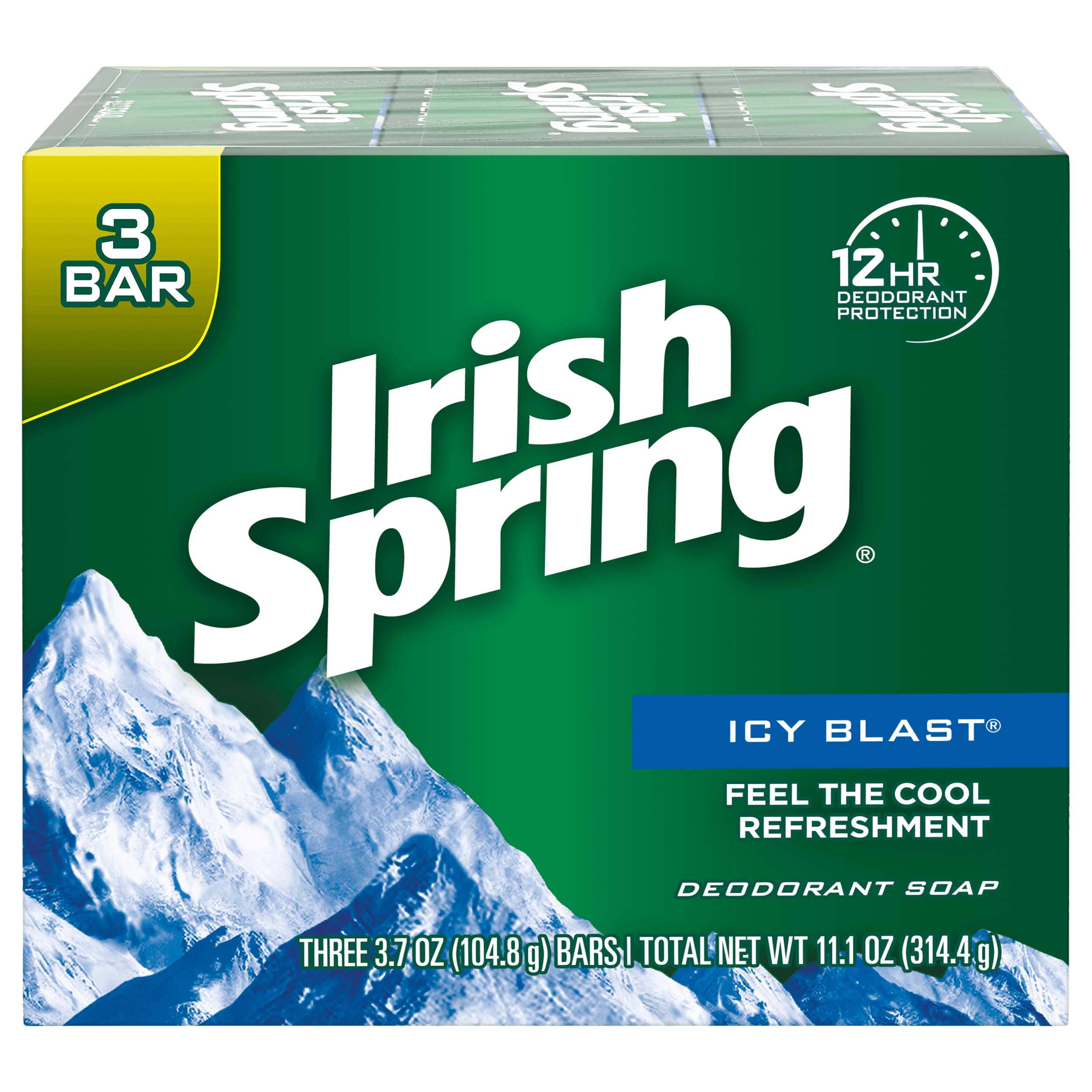 Irish Spring Icy Blast bath soap bars, 3.75 oz, 12-pack, featuring refreshing, icy scent and clean, smooth skin benefits.