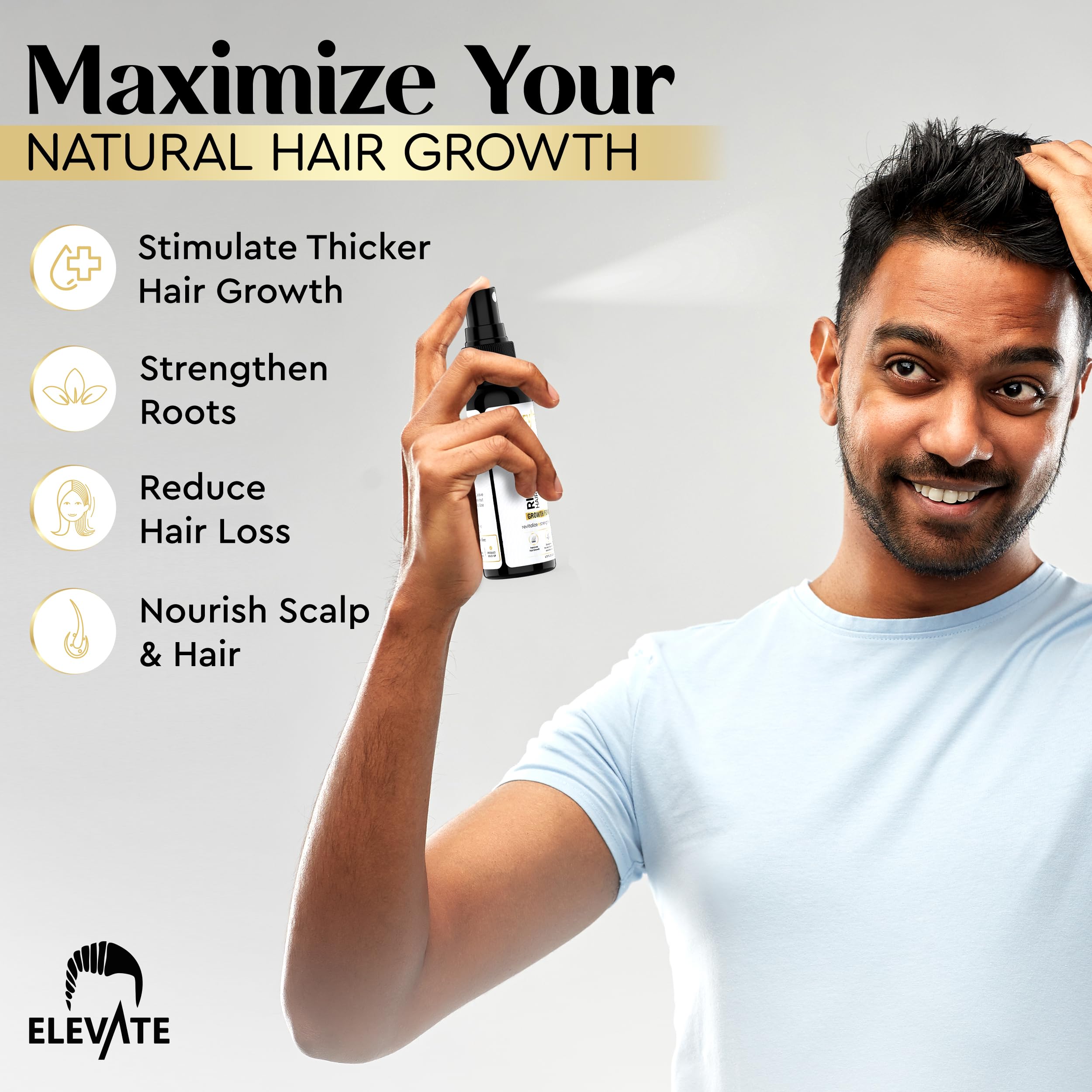Elevate Rice Water Spray for Hair Growth showing a bottle with fermented rice water, rosemary, and biotin for healthier, thicker hair.