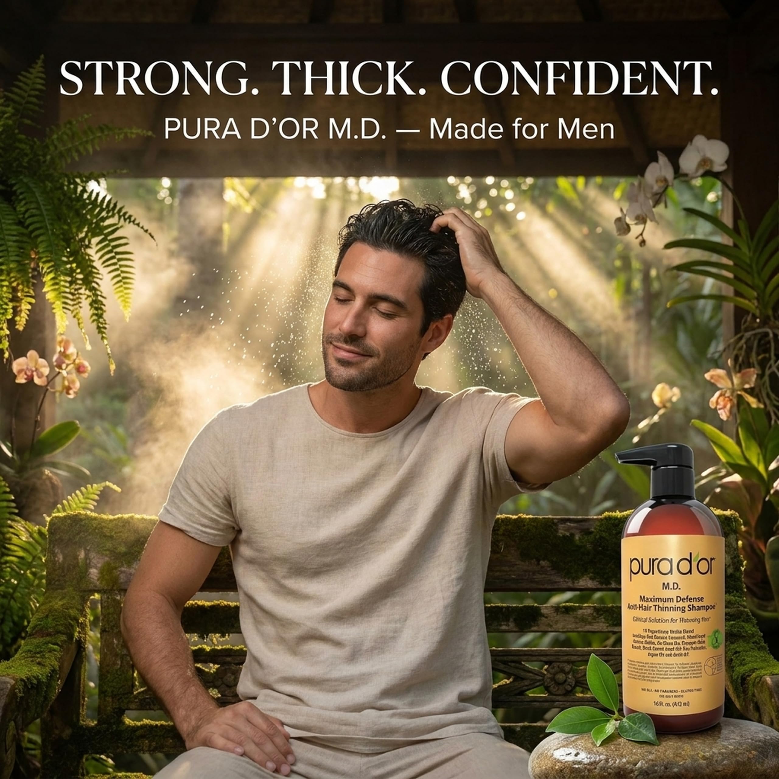 PURA D'OR MD Anti-Hair Thinning Shampoo with coal tar, biotin, herbal blend for dry, itchy scalp, 16 oz, sulfate-free.