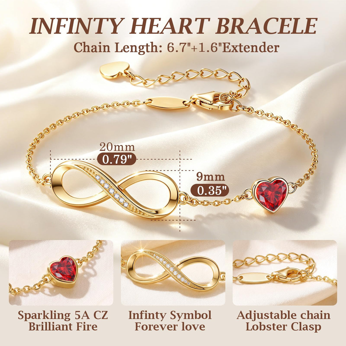 CDE Birthstone Infinity Bracelet 14K Gold Plated Jewelry Gift for Women – back view and specifications