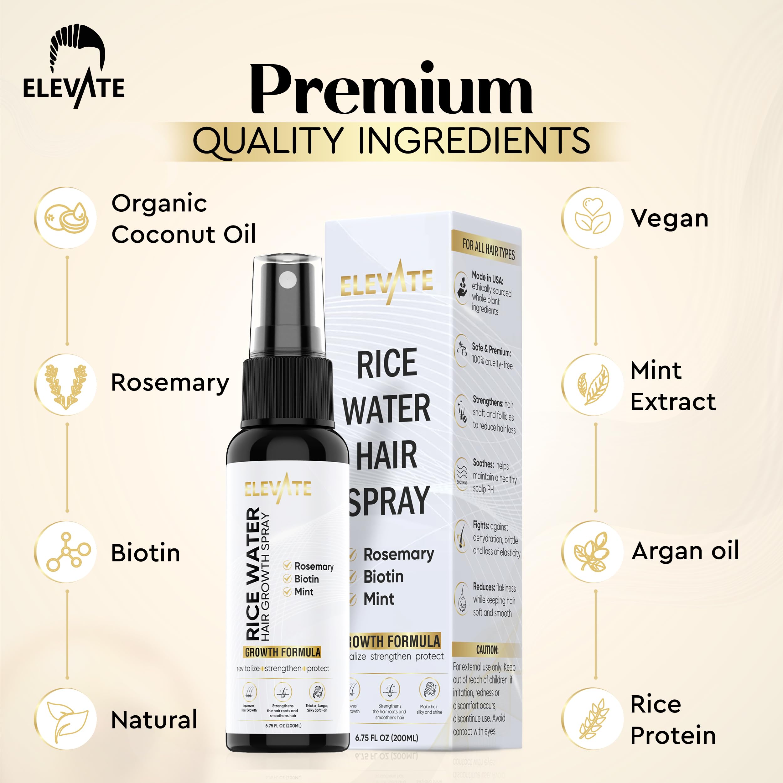 Elevate Rice Water Spray for Hair Growth, ferments rice water and rosemary in a vegan leave-in mist for stronger, thicker hair.