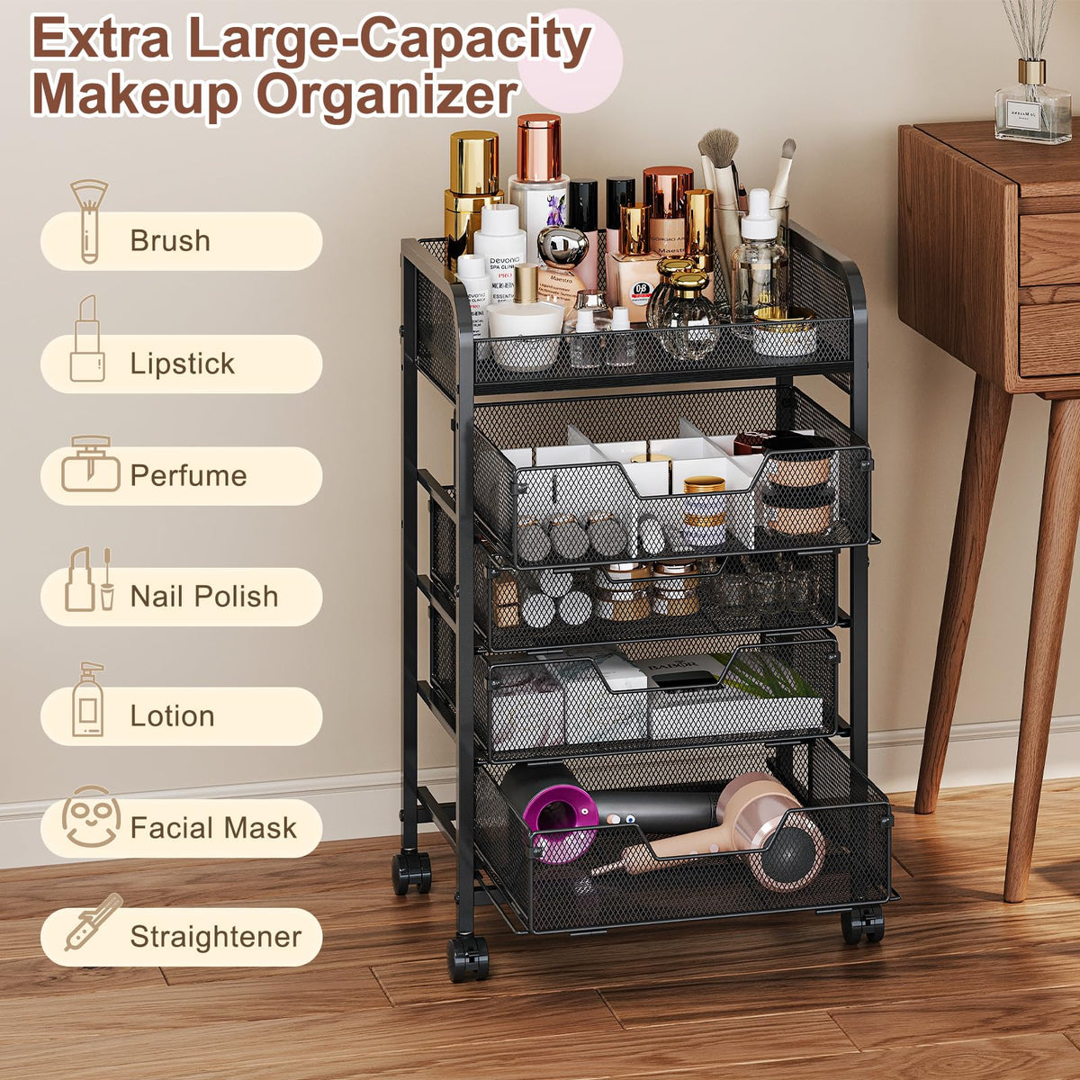 Makeup Cart Organizer with 4 Drawers Vanity Storage - Hongtamoya Official Imagery - 8