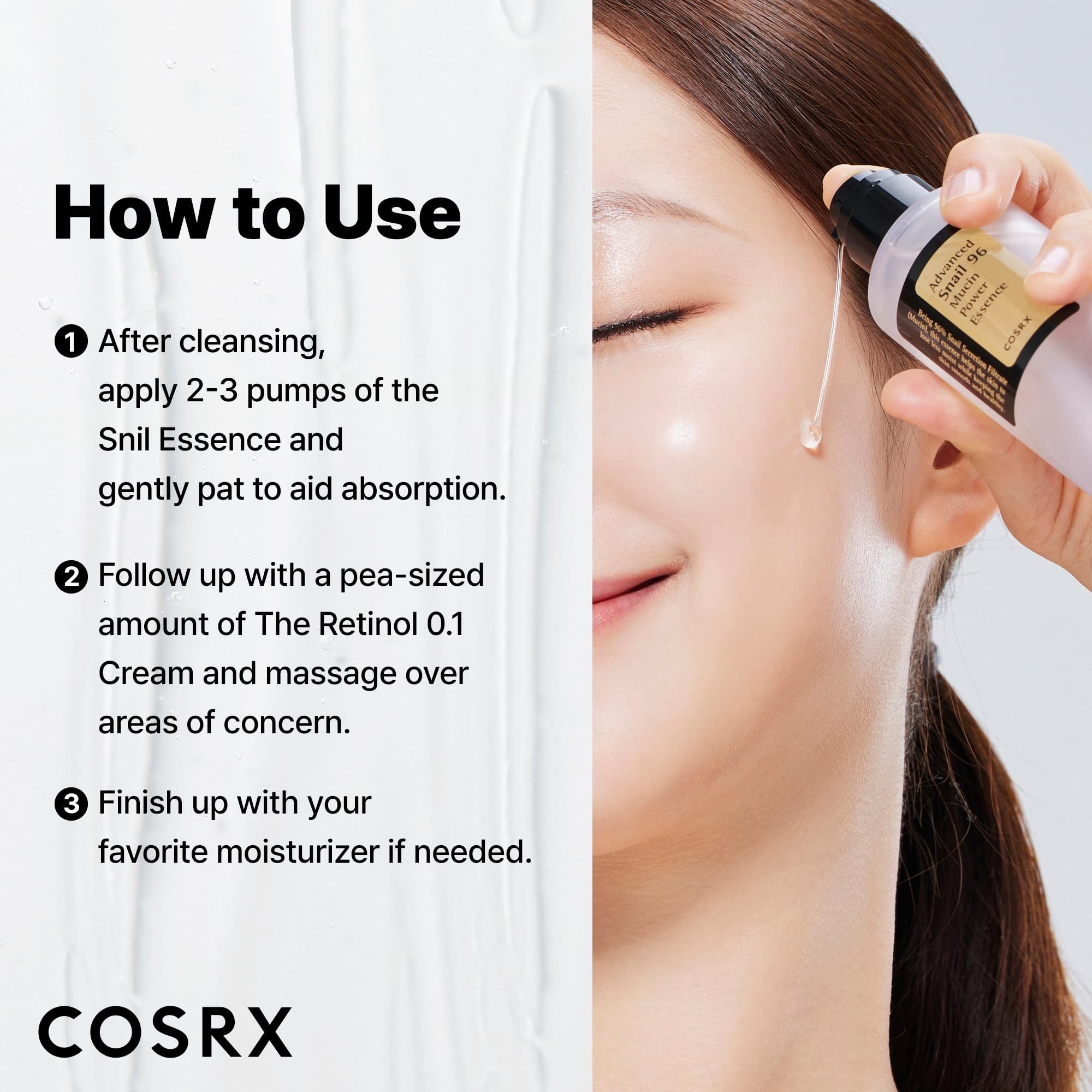 COSRX Snail 96% Mucin Essence and Retinol 0.1% Cream mini sample, skincare products with nourishing and anti-aging properties.