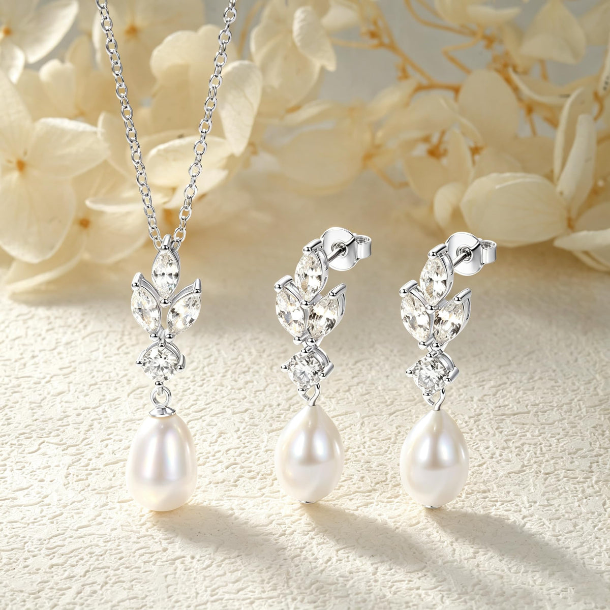 DENGGUANG Freshwater Pearl Jewelry Set for Women, White Pearl Pendant Necklace and Drop Earrings Set with Moissanite, We