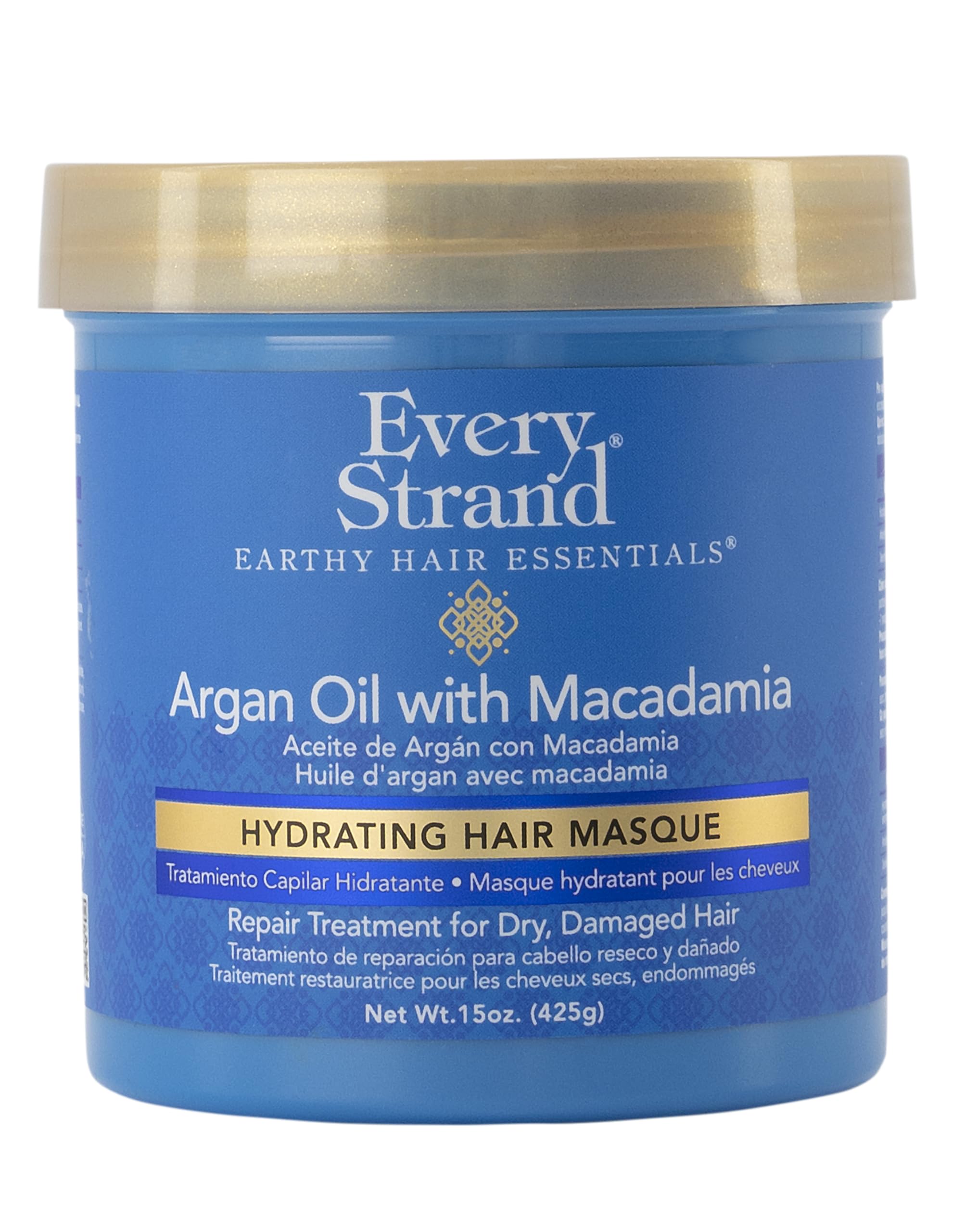 Every Strand Argan Oil and Macadamia Hydrating Hair Masque in a 15 oz jar, showcasing smooth, nourished hair care product.