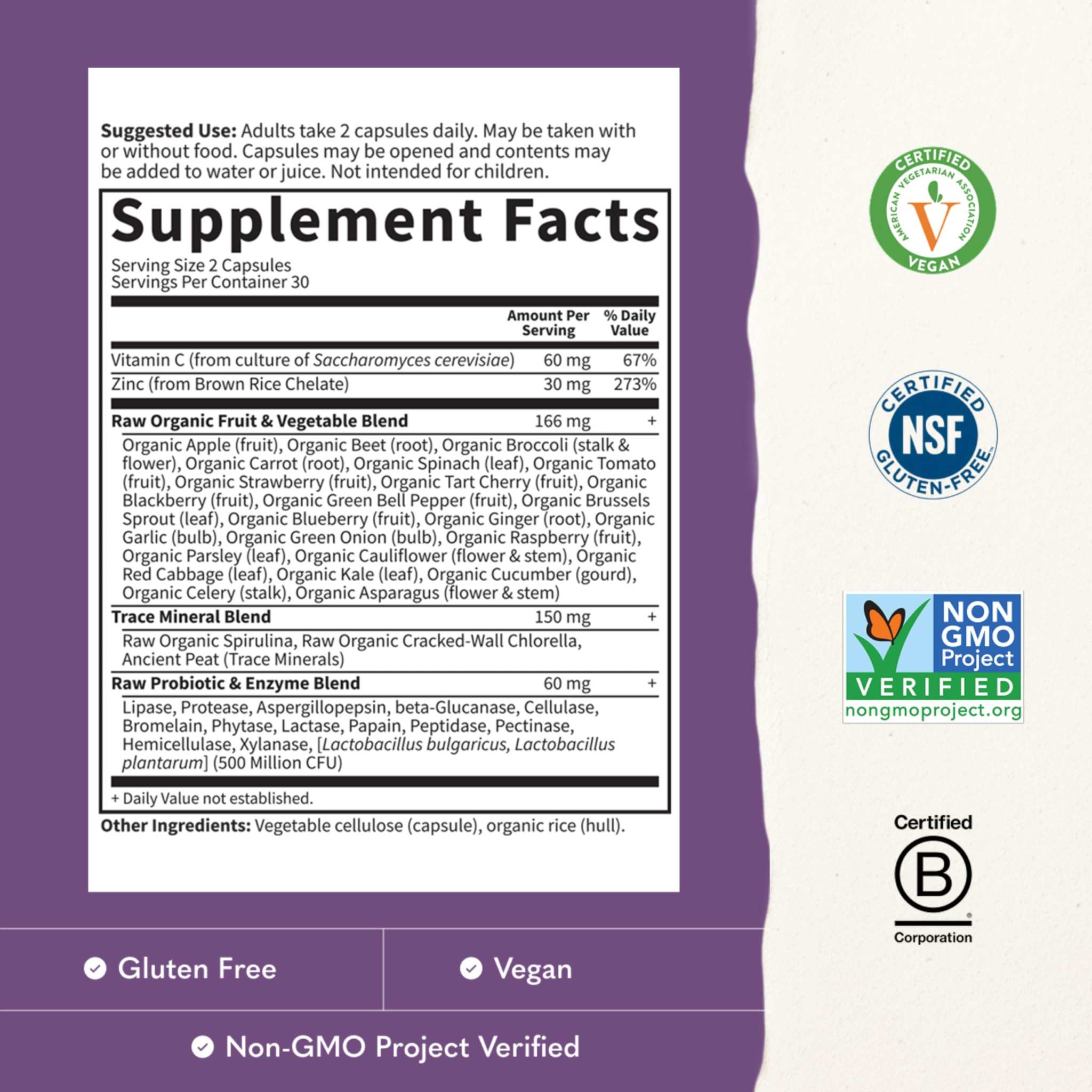 Garden of Life RAW Zinc 30mg and Vitamin C 60 vegan capsules in a bottle, dietary supplement for immune support.