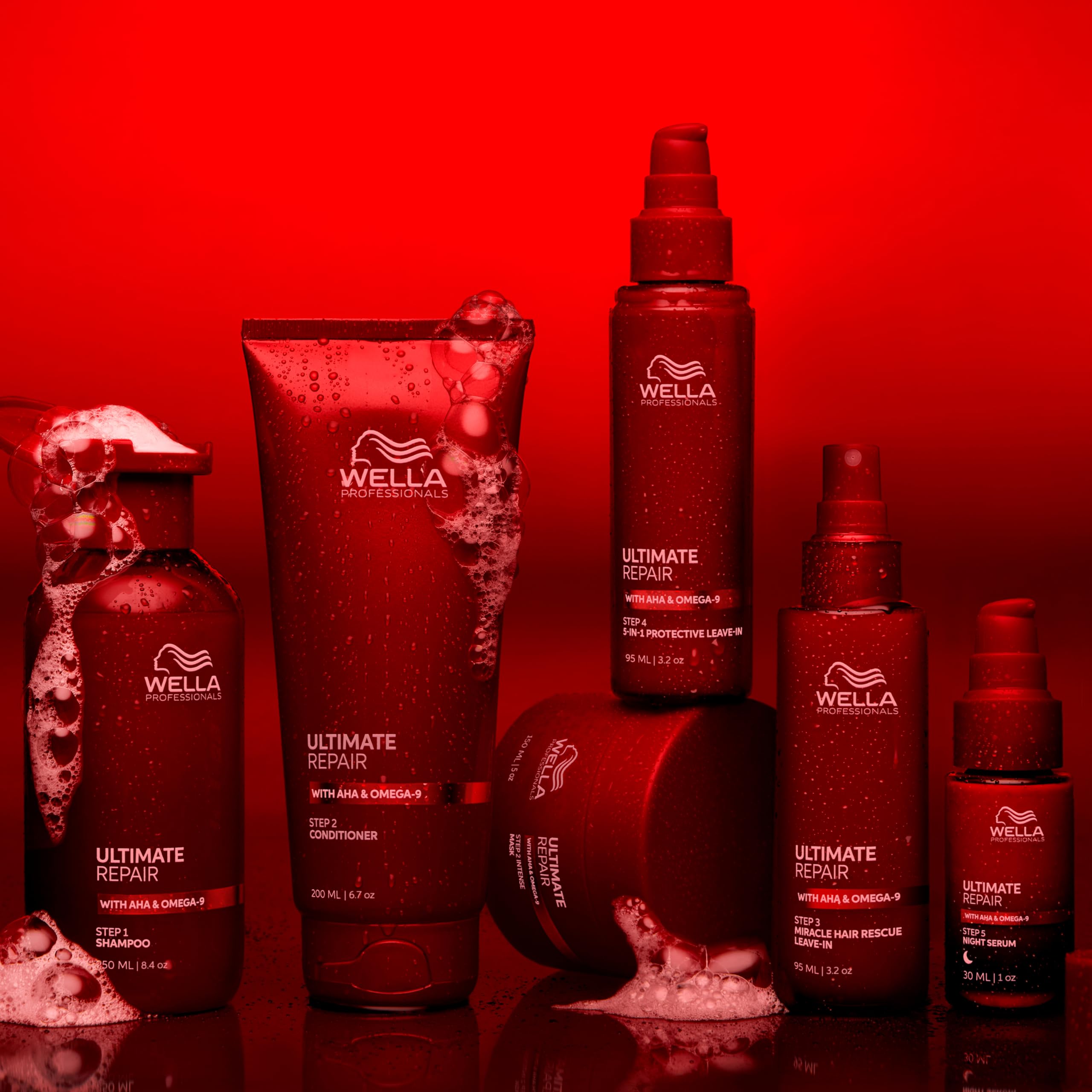Wella Professionals Ultimate Repair Night Serum for hair, showing a sleek bottle with a pump dispenser and nighttime hair treatment.