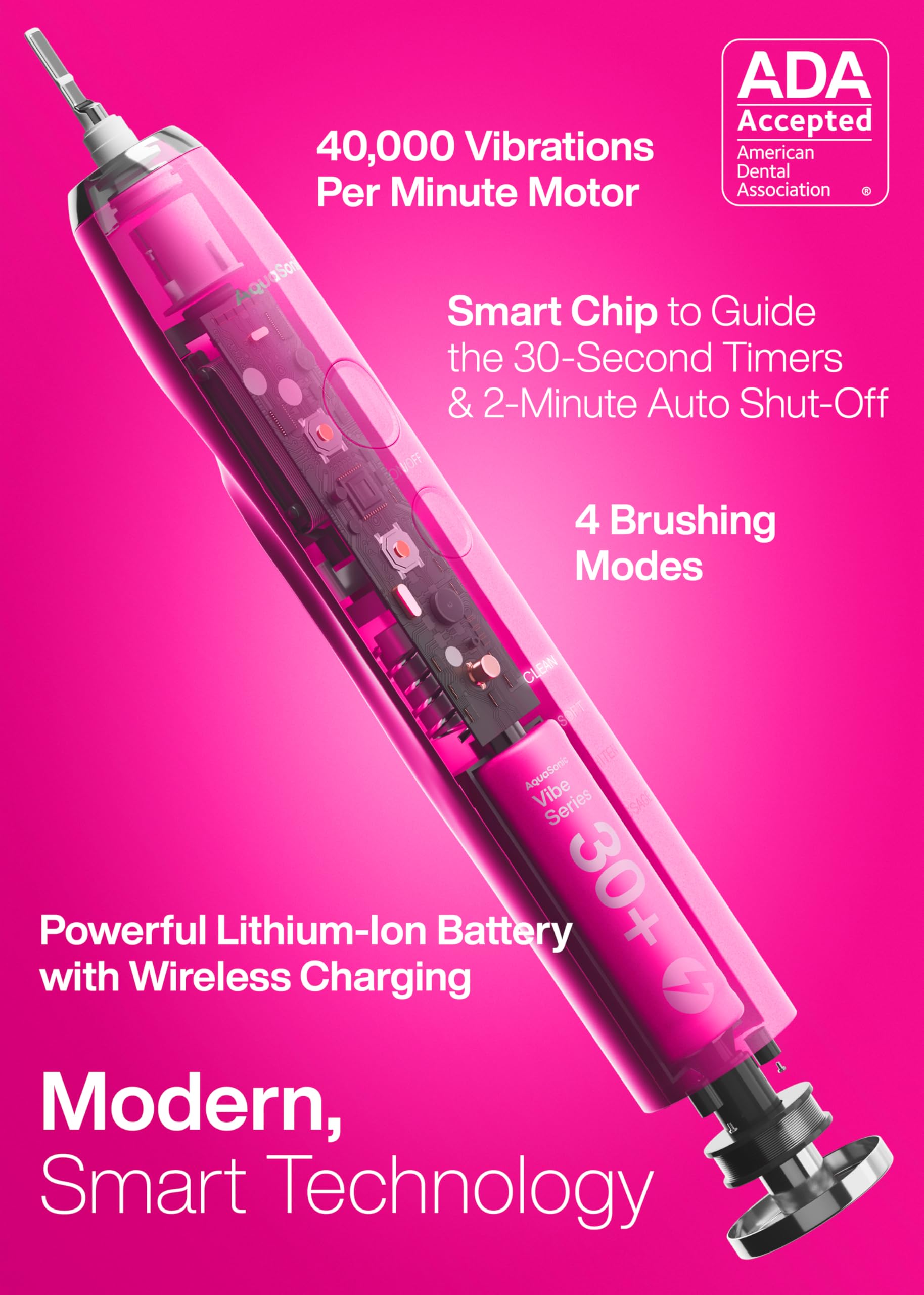 Aquasonic Vibe Series electric pink toothbrush with 8 brush heads, travel case, 40,000 VPM motor, and four cleaning modes.
