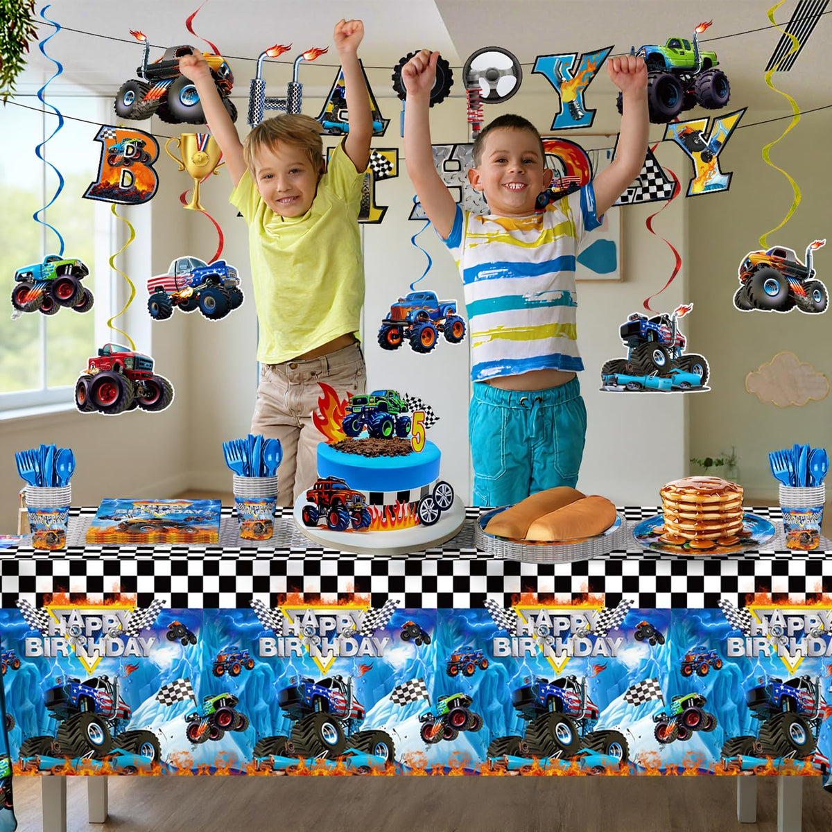 JVORFDG 177pcs Monster Truck Birthday Decorations Plates Napkins Tableware Set – packaging and label