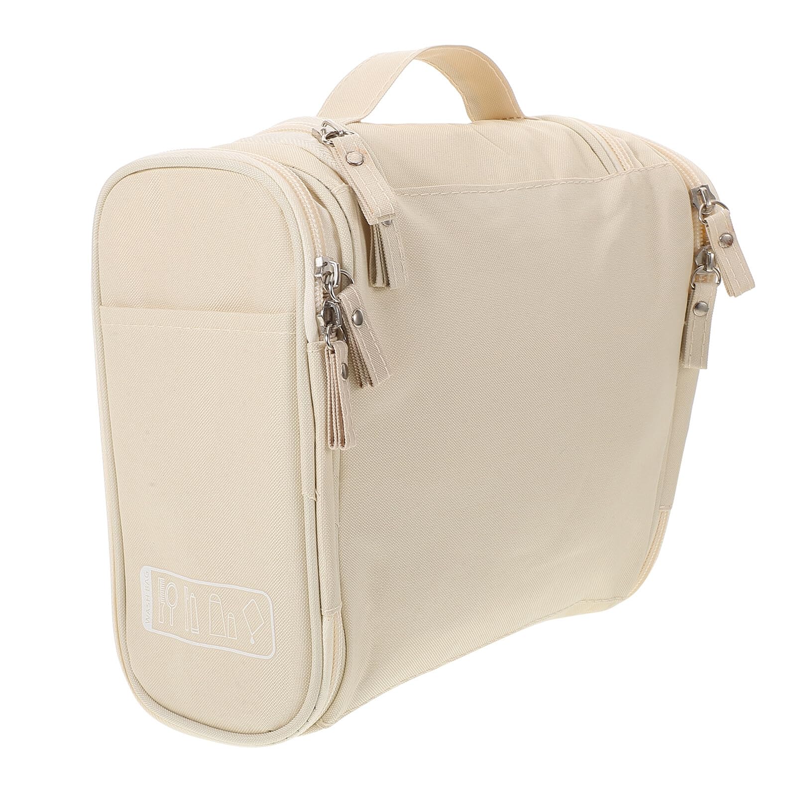 FOMIYES large beige waterproof travel toiletry bag with handle, hanging cosmetic case for skincare and makeup storage.