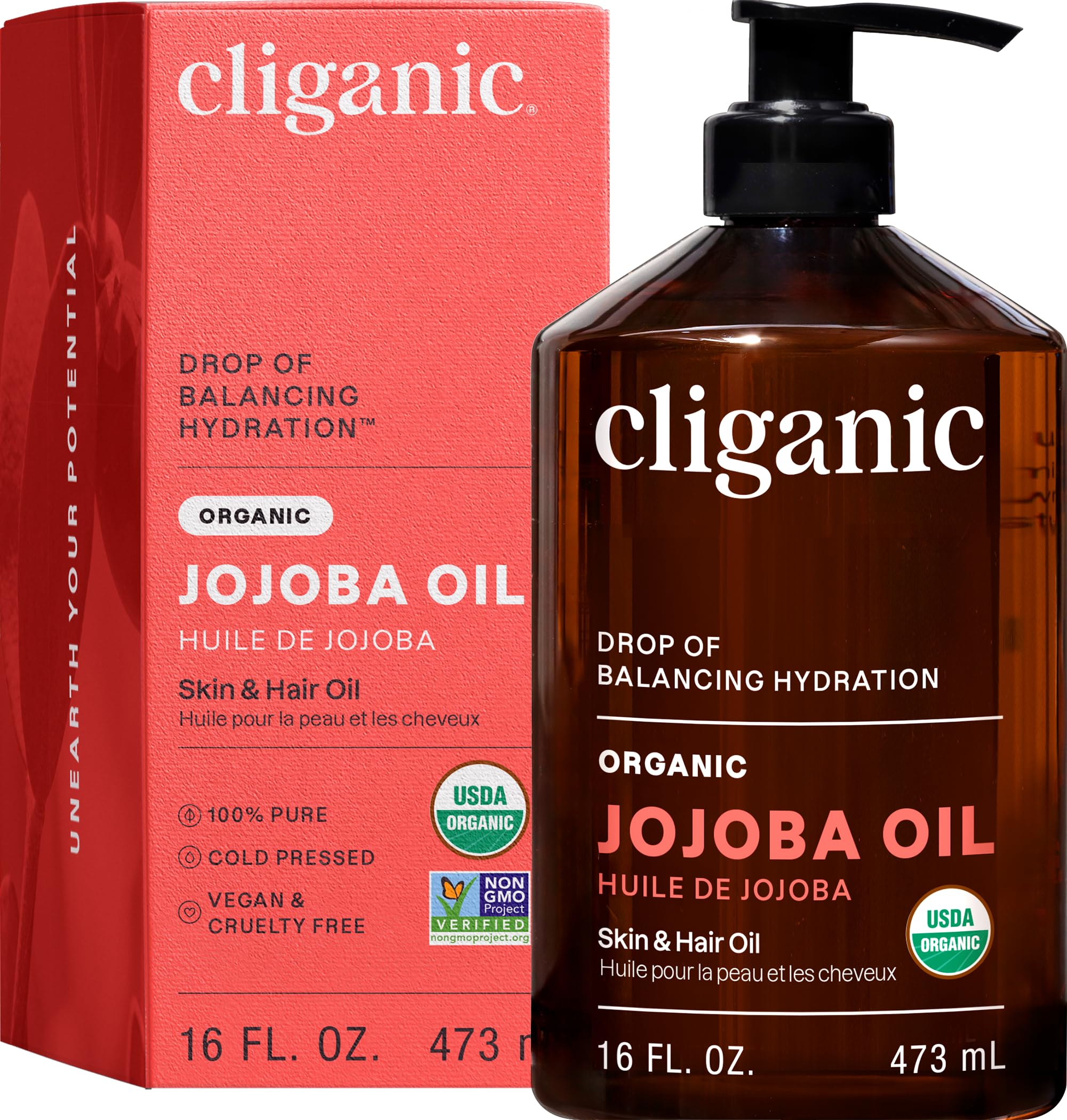 Cliganic Organic Jojoba Oil, 100% Cold Pressed for Face, Hair & - Product Imagery
