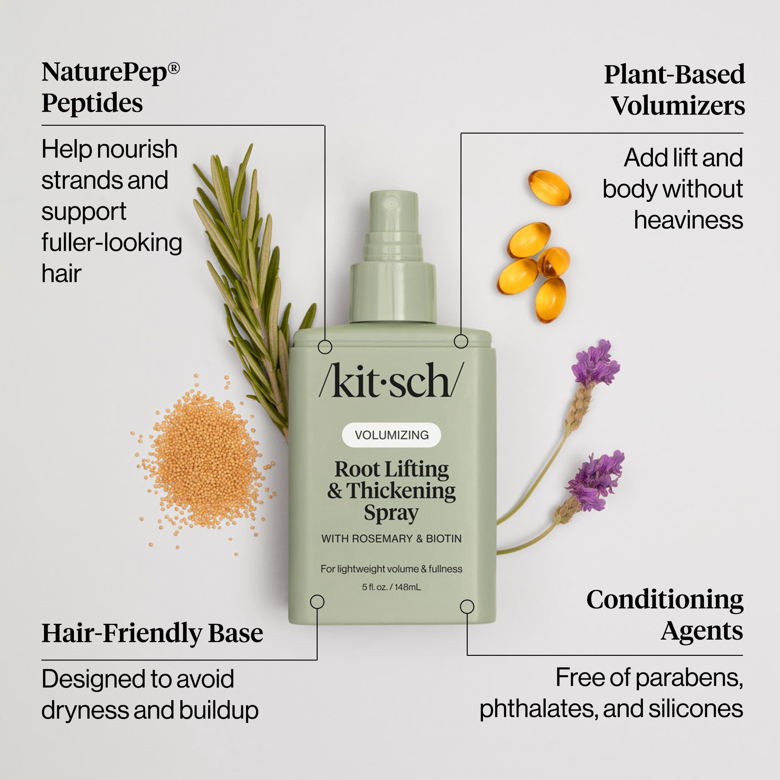 Kitsch Root Lifting & Thickening Spray 5oz for adding volume and fullness to hair, shown in a spray bottle with a clear label.