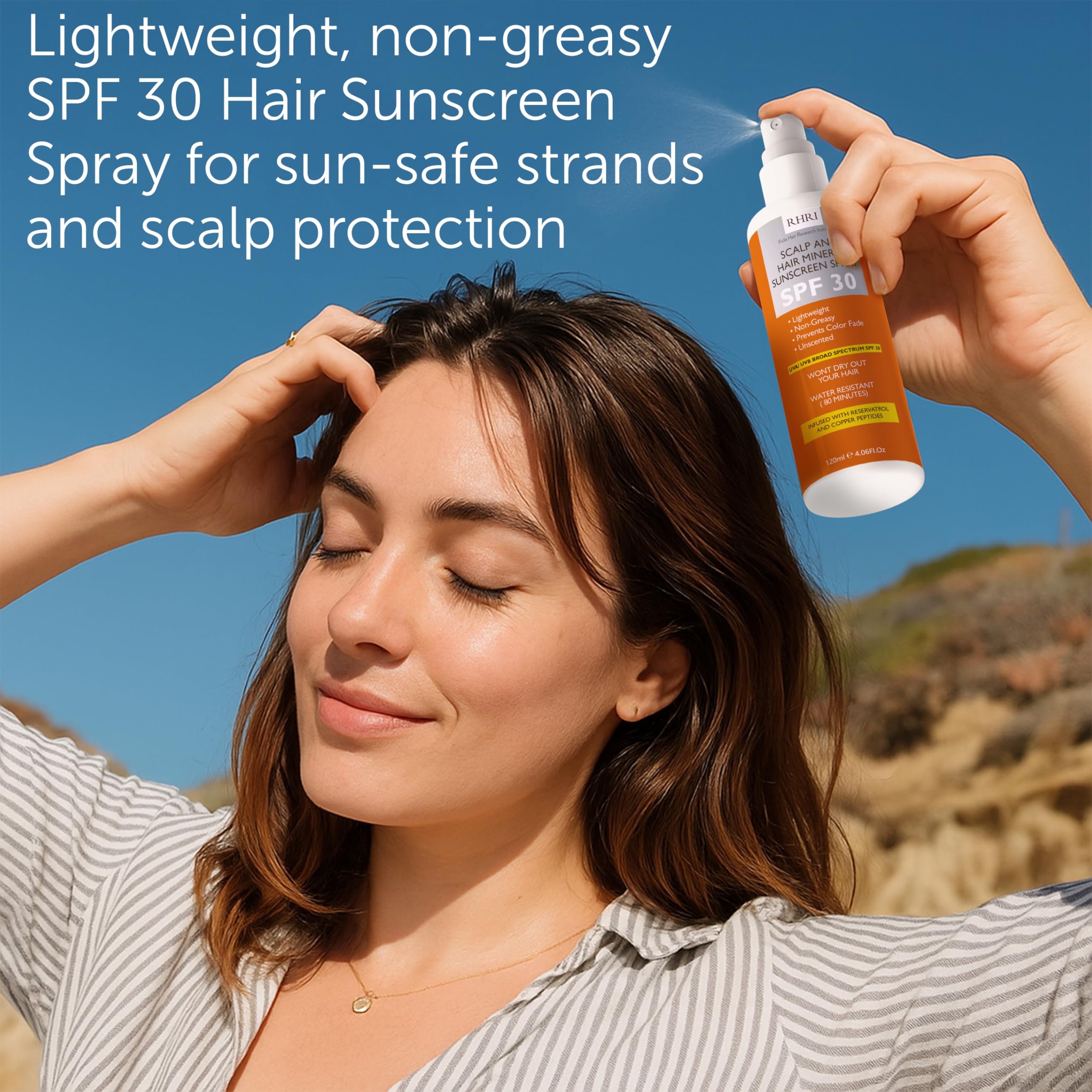 Rida Hair Research Institute SPF 30 hair sunscreen spray bottle with UV protection for scalp and hair, shown in the image.