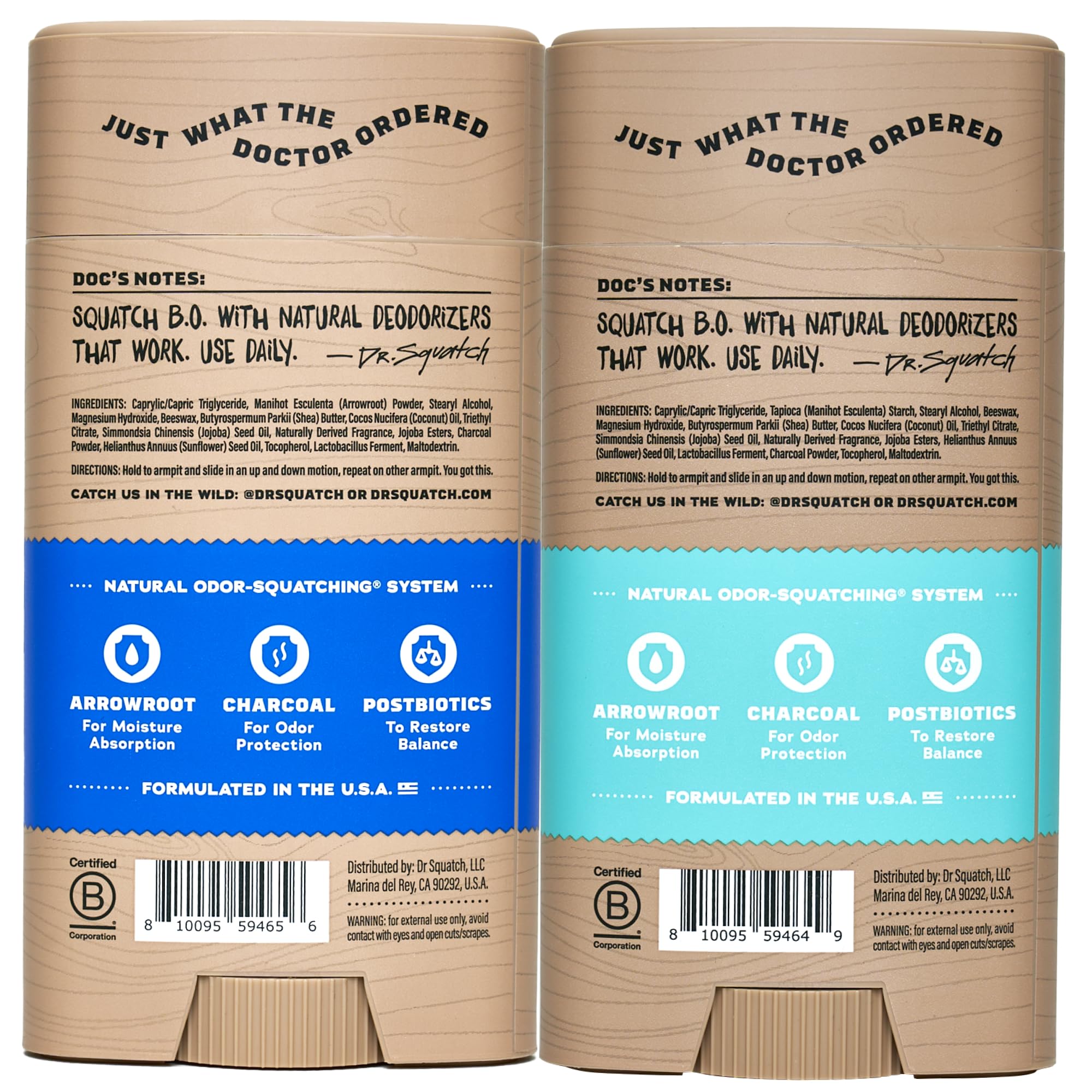 Dr. Squatch natural deodorant 2-pack featuring Coconut Castaway and Fresh Falls scents, shown in their respective packaging.