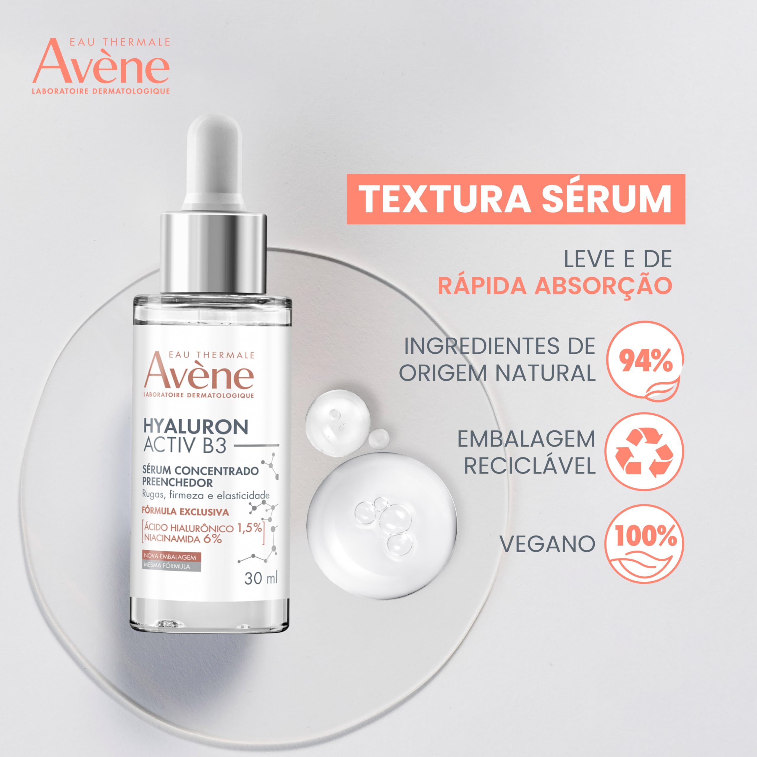 Eau Thermale Avène Hyaluron Activ B3 plumping anti-aging skin serum in a 1 fl oz bottle with dropper applicator.