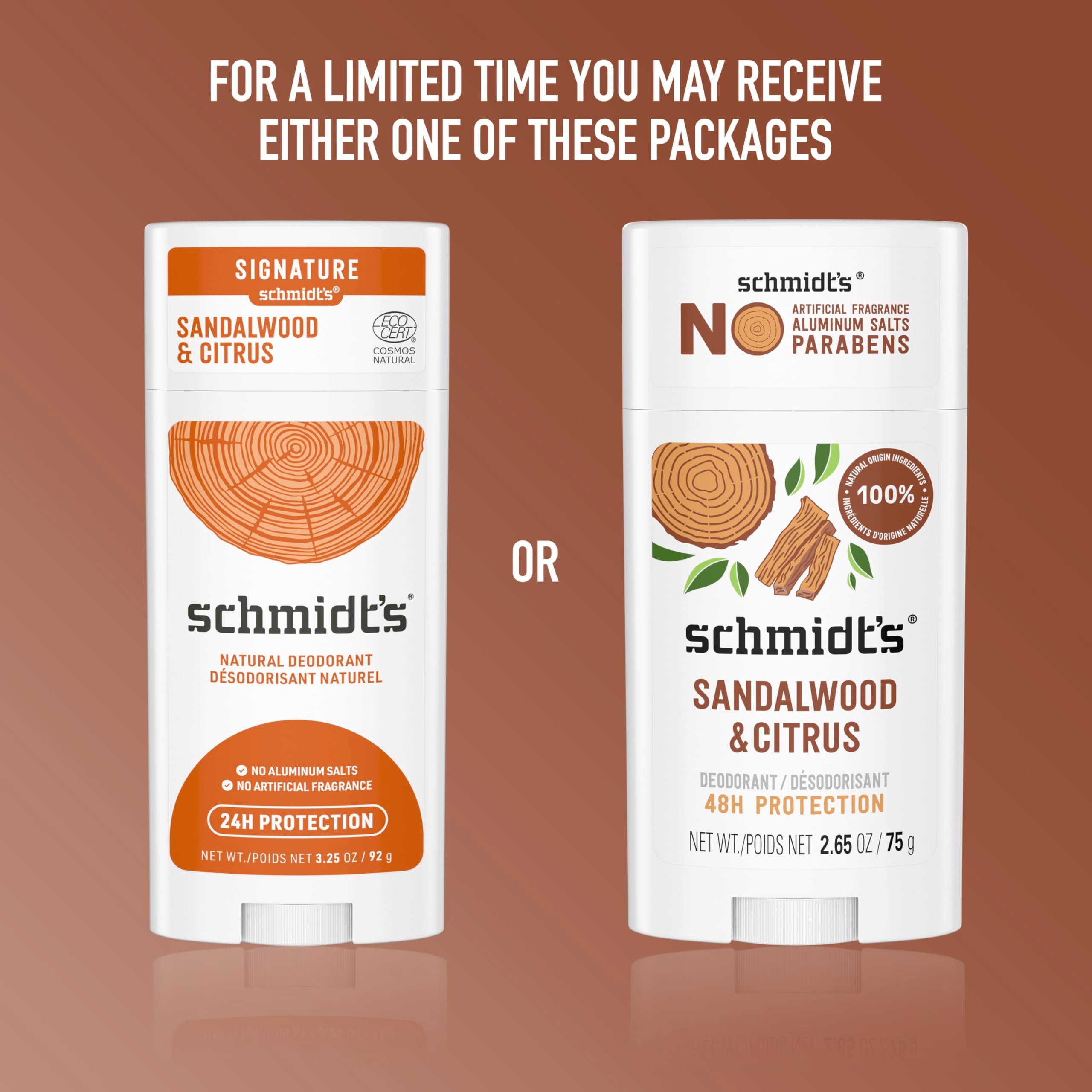 Schmidt's natural deodorant sandalwood and citrus scent, 2-pack, in a sleek container suitable for body deodorant use.