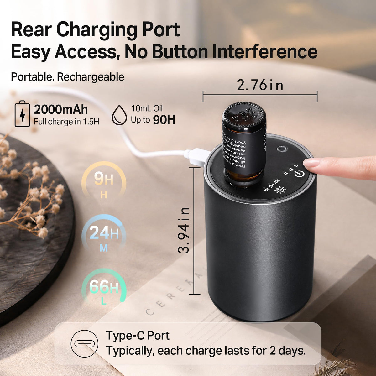 Juremouxa Waterless Diffuser for Essential Oil for Car,Home,Starry Gray – close-up detail in Starry Gray
