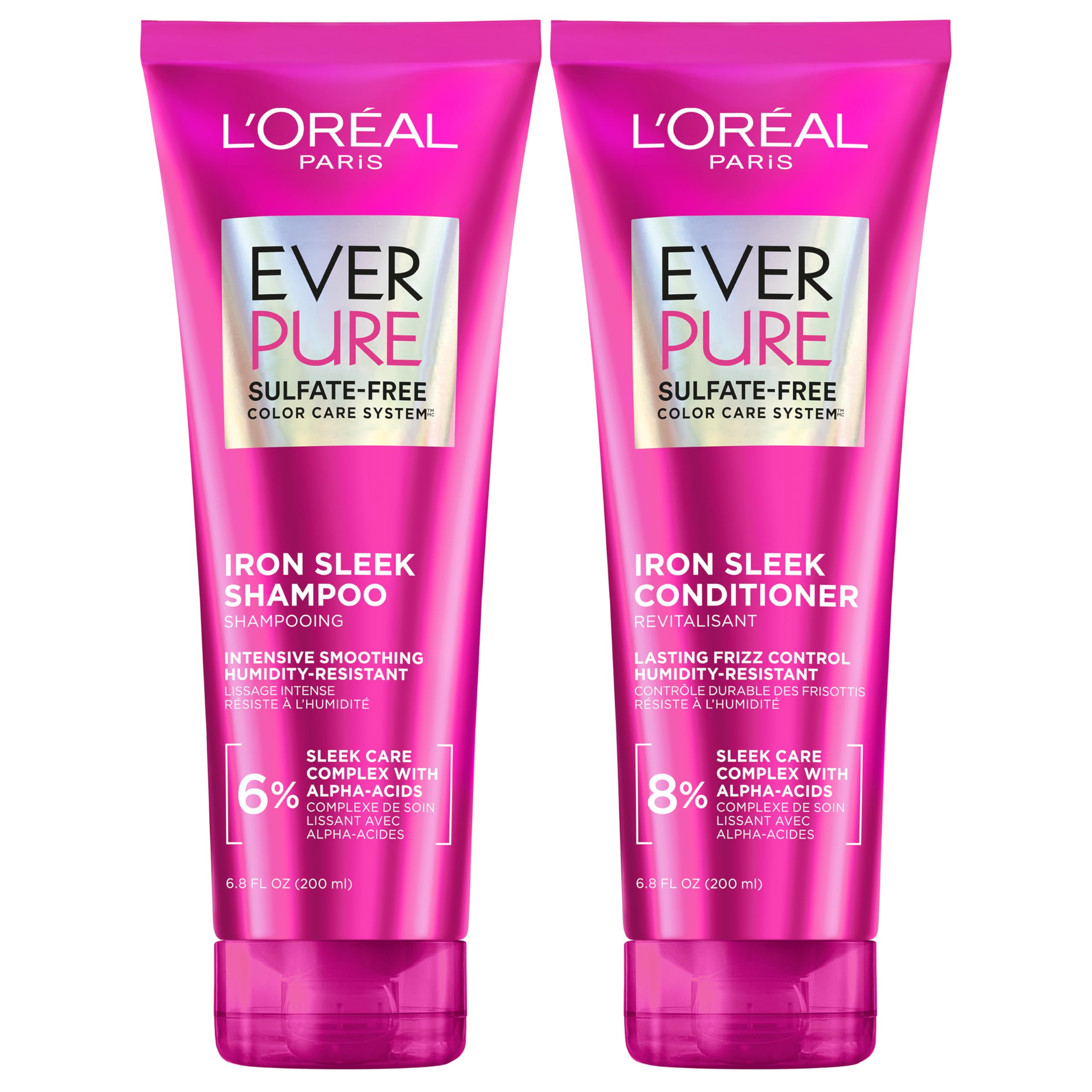 L'Oreal Paris Sulfate-Free Iron Sleek smoothing shampoo and conditioner set for frizz control and humidity resistance.