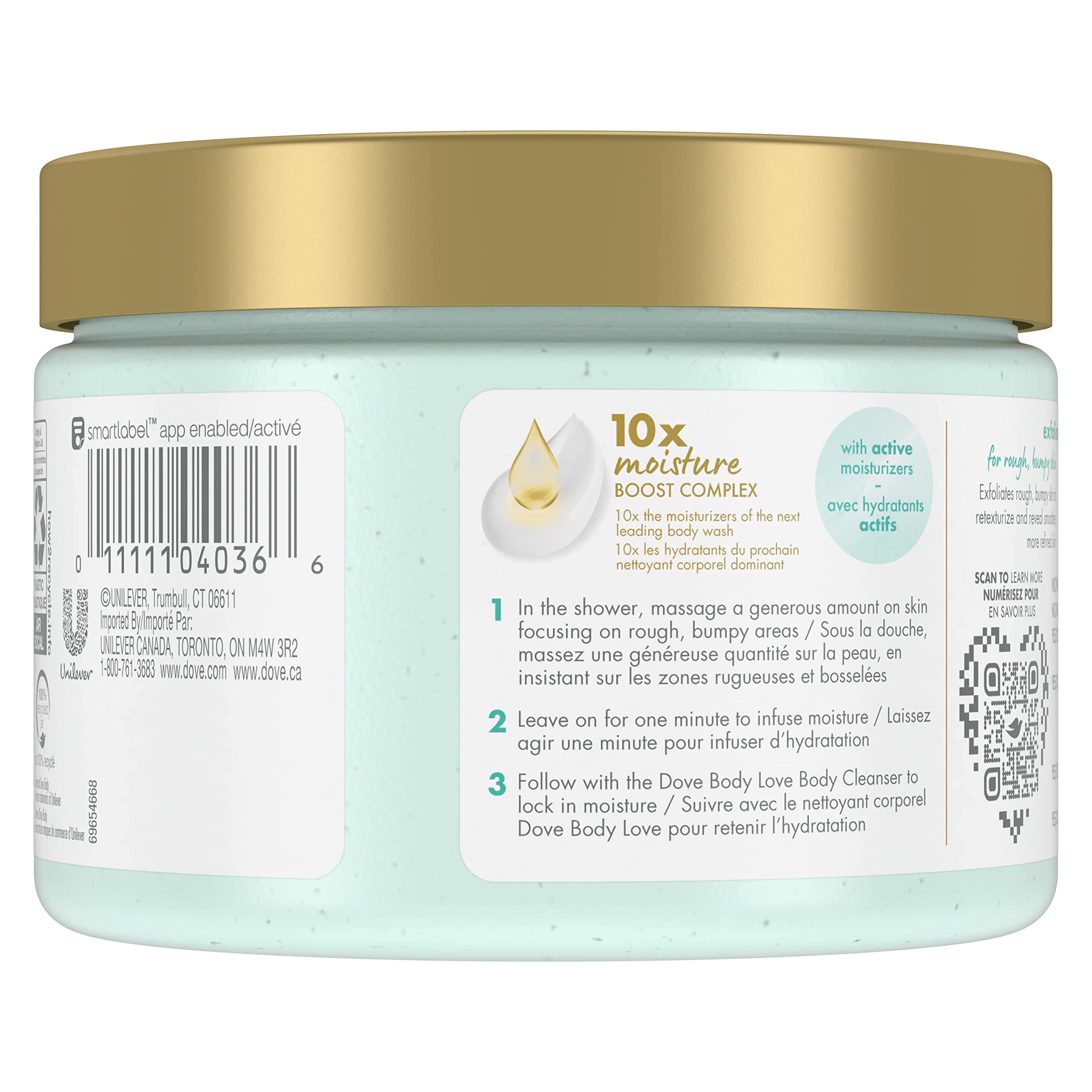 Dove Exfoliate Away Body Polish 3-pack with 12oz AHA scrub bottles, showing textured exfoliating body care products.