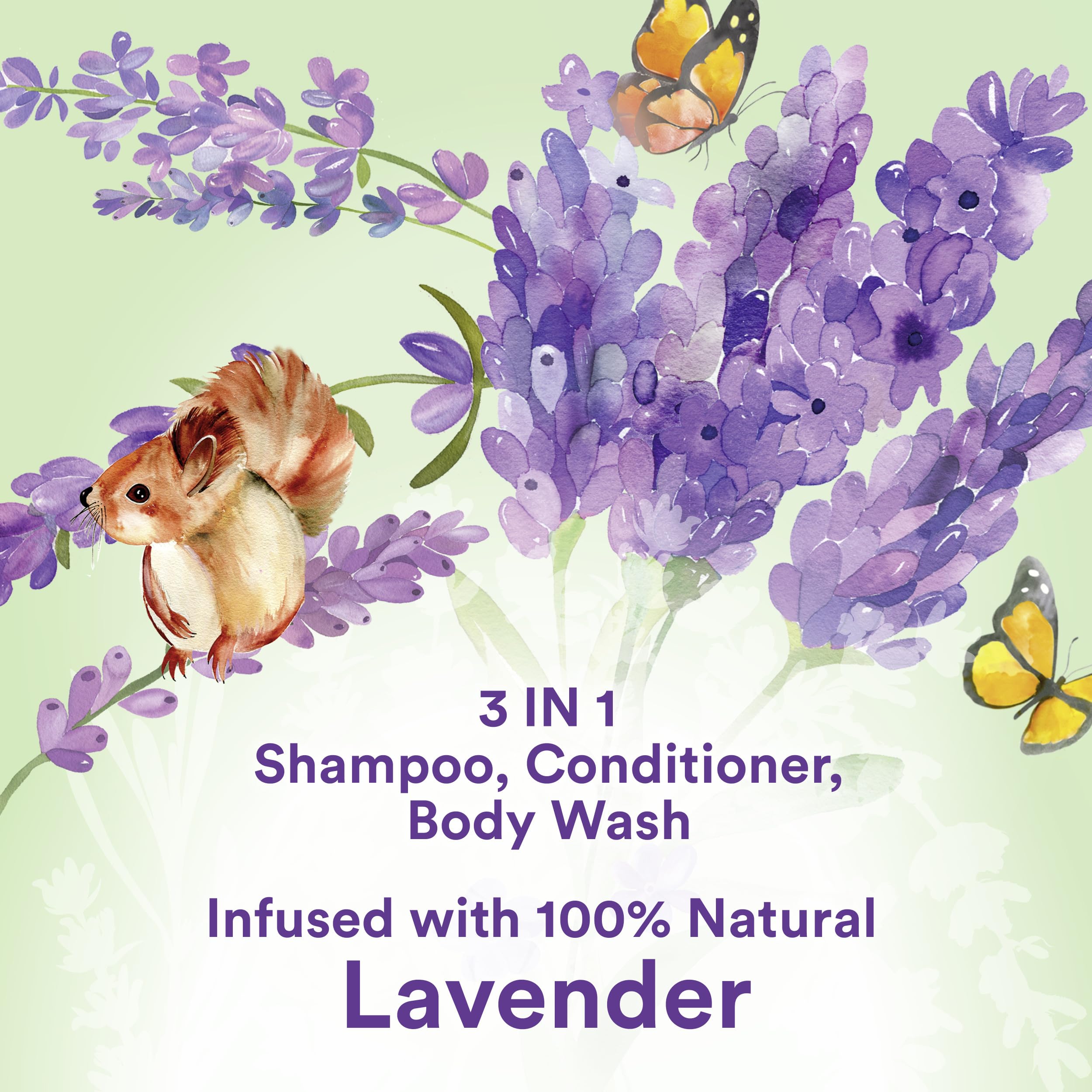 Suave Kids Lavender 3-in-1 shampoo, conditioner, and body wash bottles, 16.5 fl oz each, in a 4-pack for children.