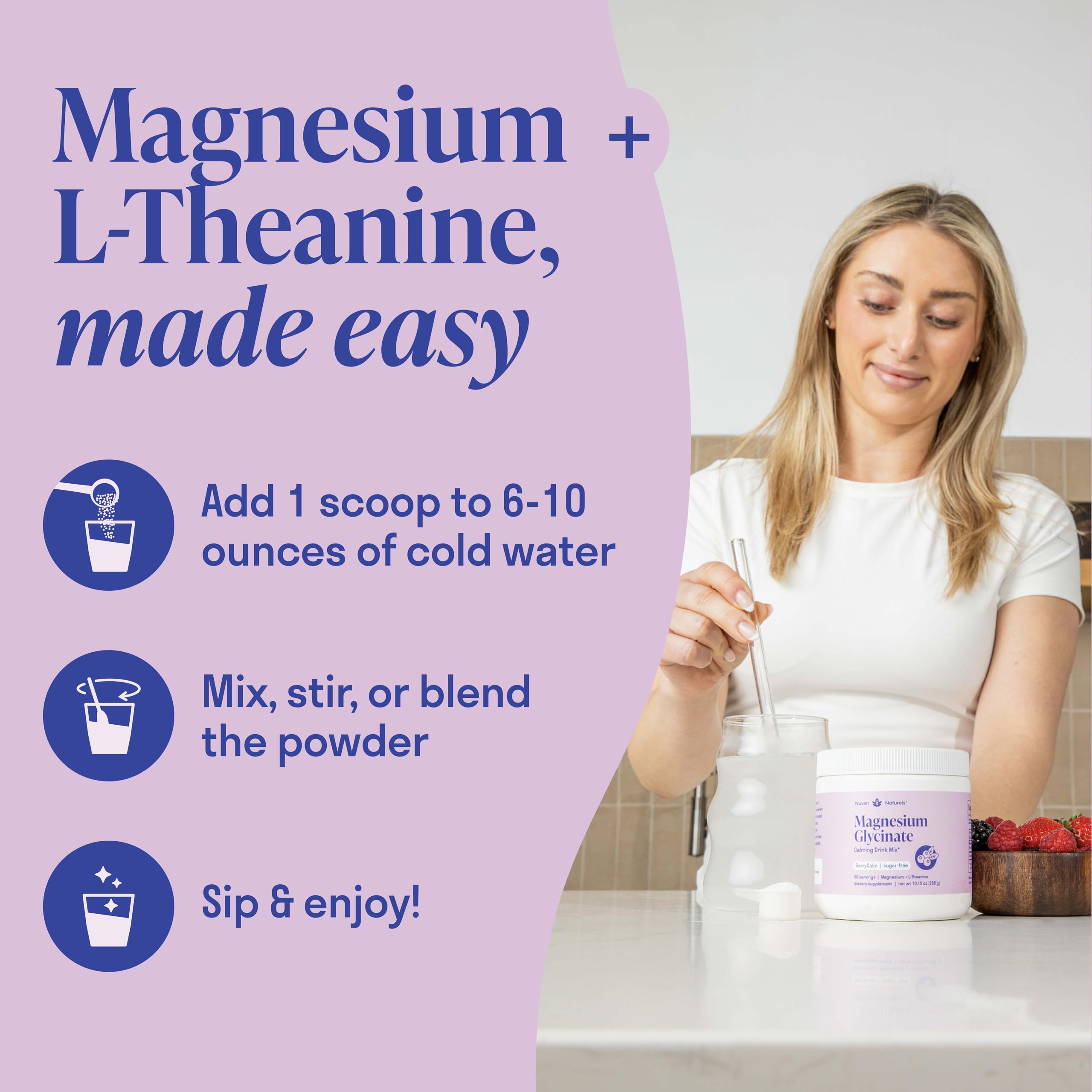 Magnesium Glycinate Powder + L Theanine, 60 Servings, 300mg, Mixed Berry