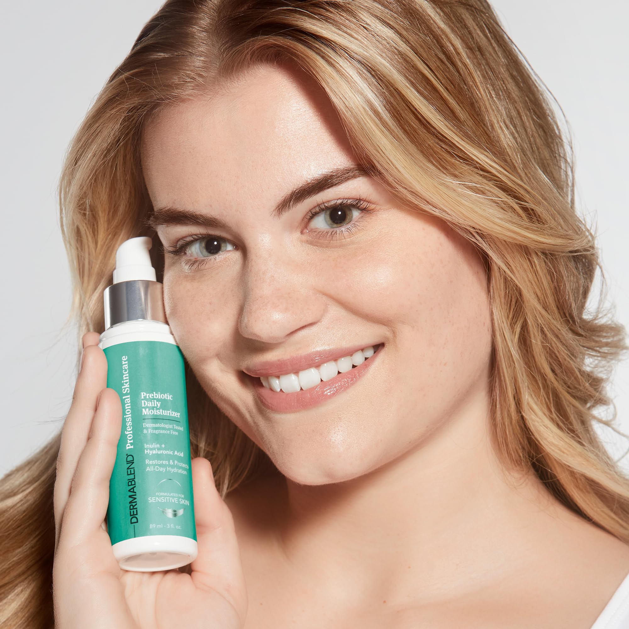 Dermablend Prebiotic Daily Moisturizer in 3 fl oz bottle, hydrating skin with soothing, nourishing formula.