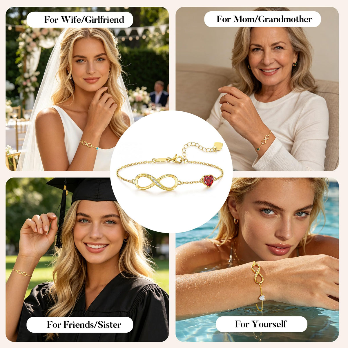 CDE Birthstone Infinity Bracelet 14K Gold Plated Jewelry Gift for Women – alternate angle