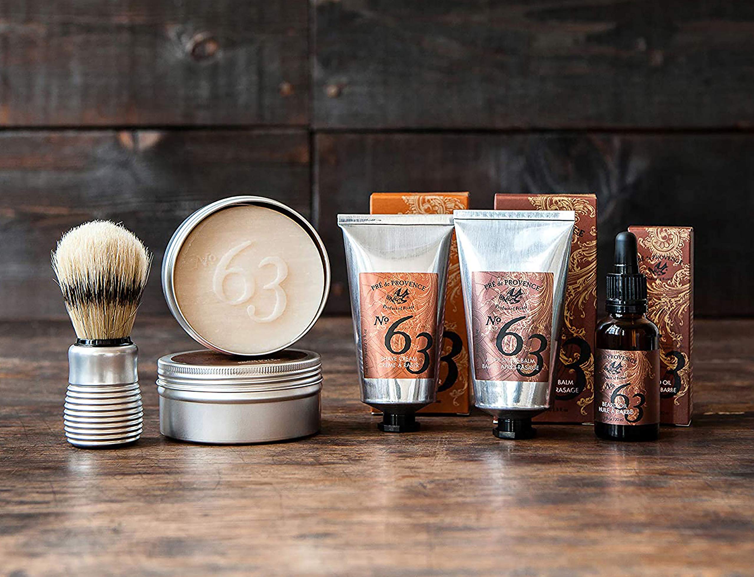 Pre de Provence No.63 men's shave soap in a tin, featuring a rich lathering skin cleaning agent for a smooth shave.