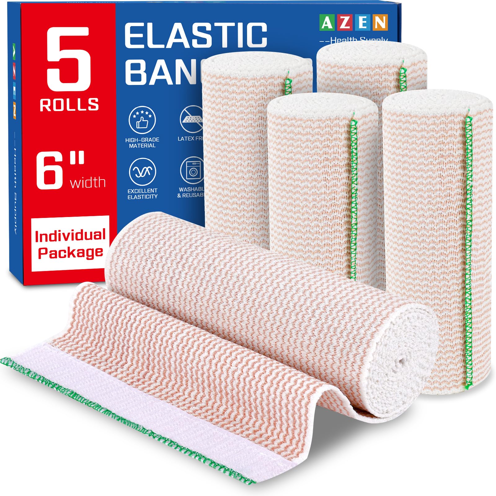 AZEN Premium 5 Pack Elastic Bandage Wrap 6 Inch, Compression - Product Imagery