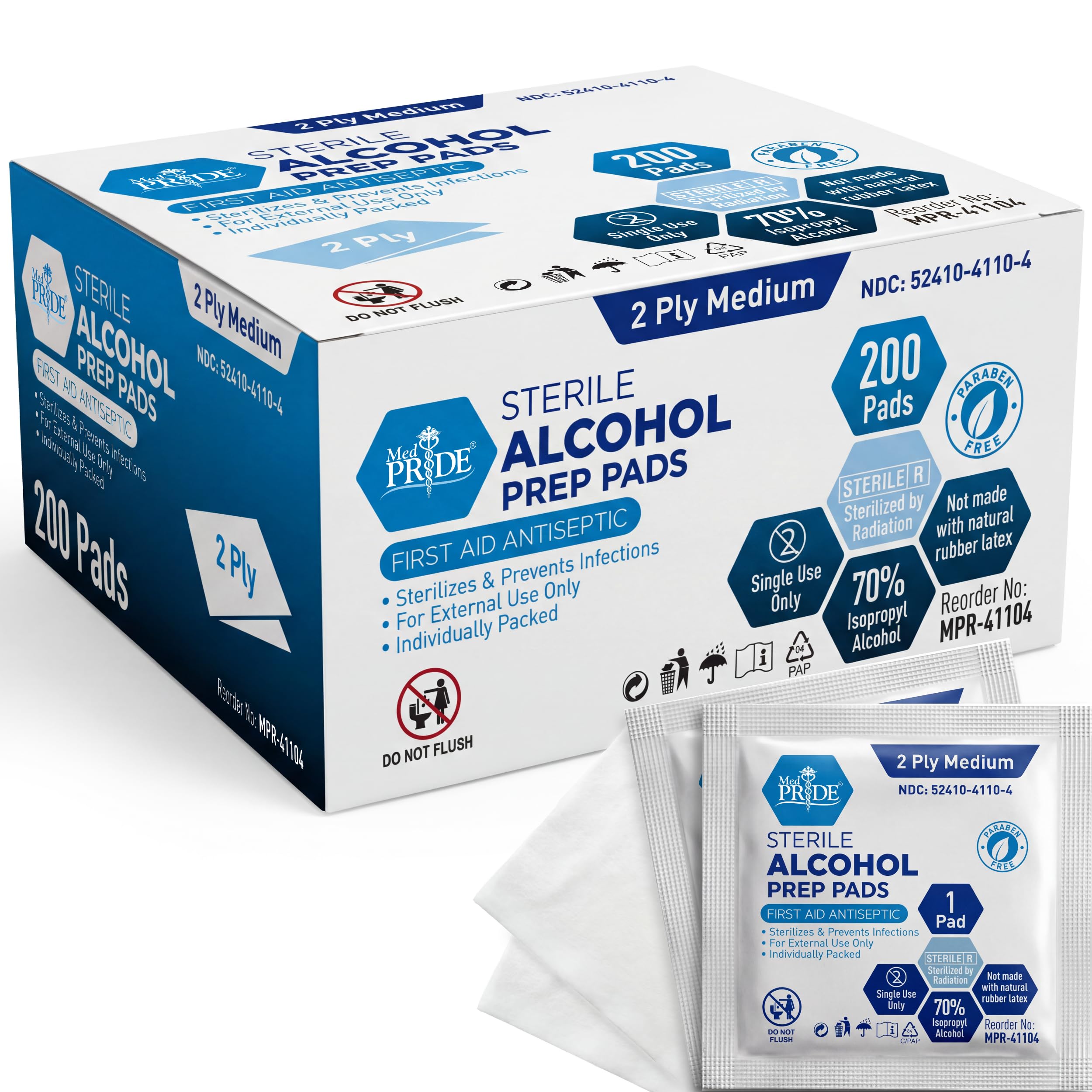 MED PRIDE Sterile Alcohol Prep Pads, 70% Isopropyl, 2-Ply, - Product Imagery