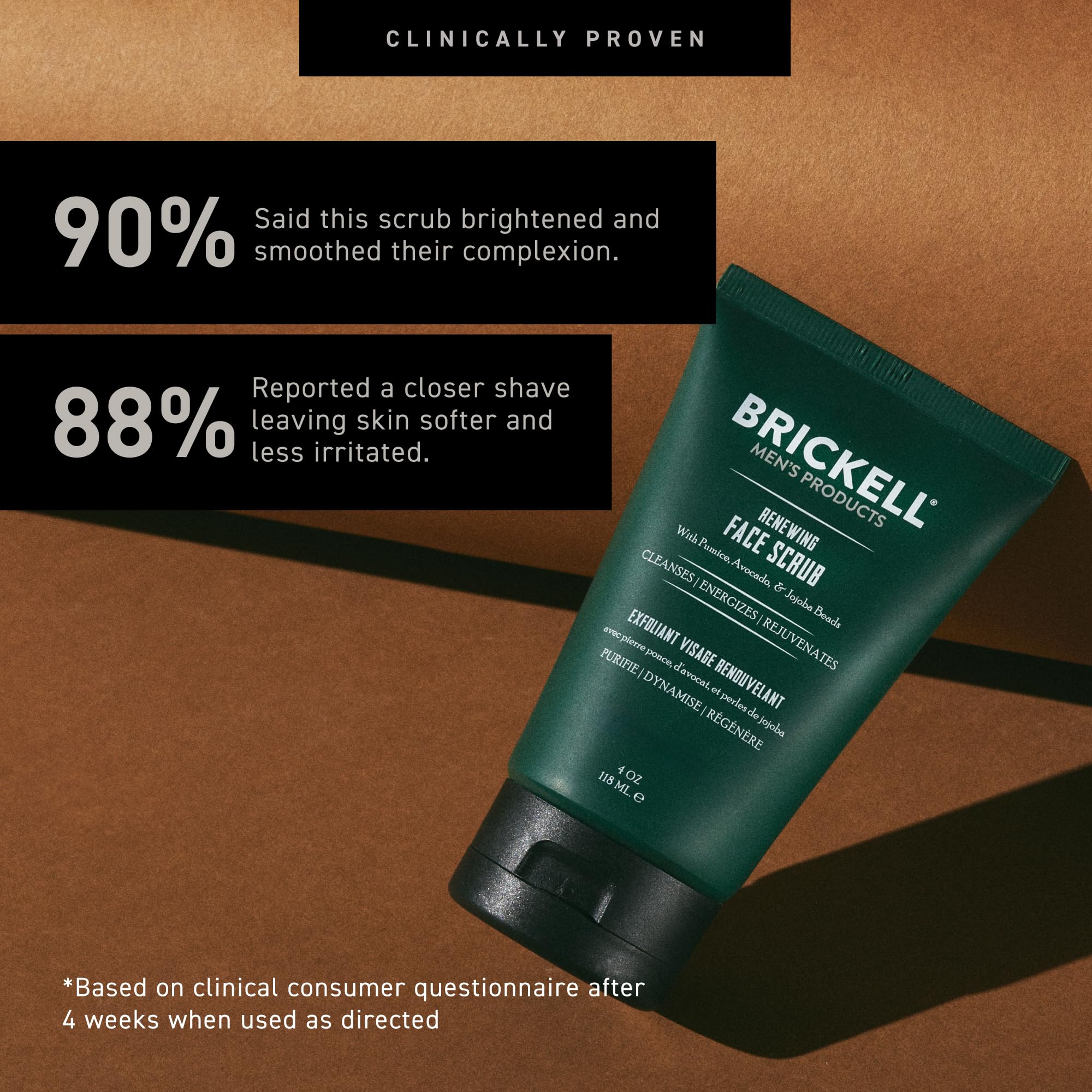 Brickell Men's Renewing Face Scrub with pumice, caffeine, and jojoba beads, deep exfoliating facial skin exfoliant in 4 oz. jar