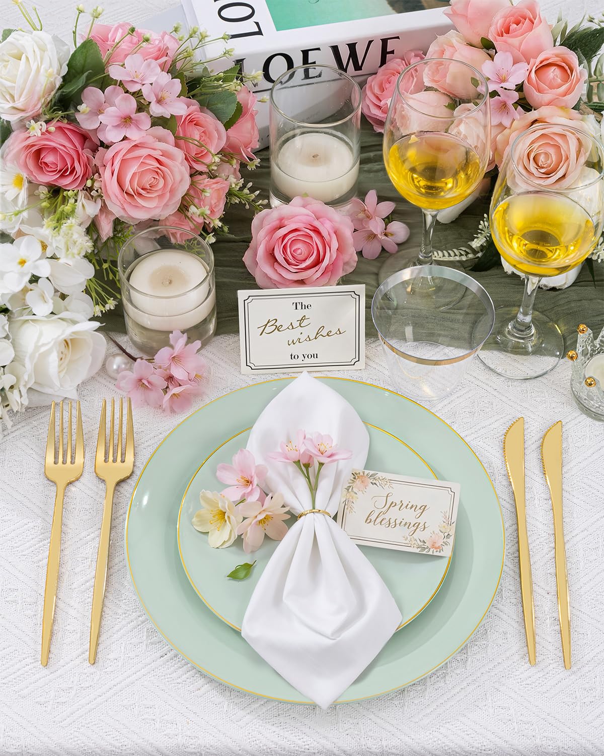 bUCLA 150PCS Green Plastic Plates - Sage Green with Gold Rim Disposable - Include 25 (Dinner & Dessert) Plates, 25 Knive