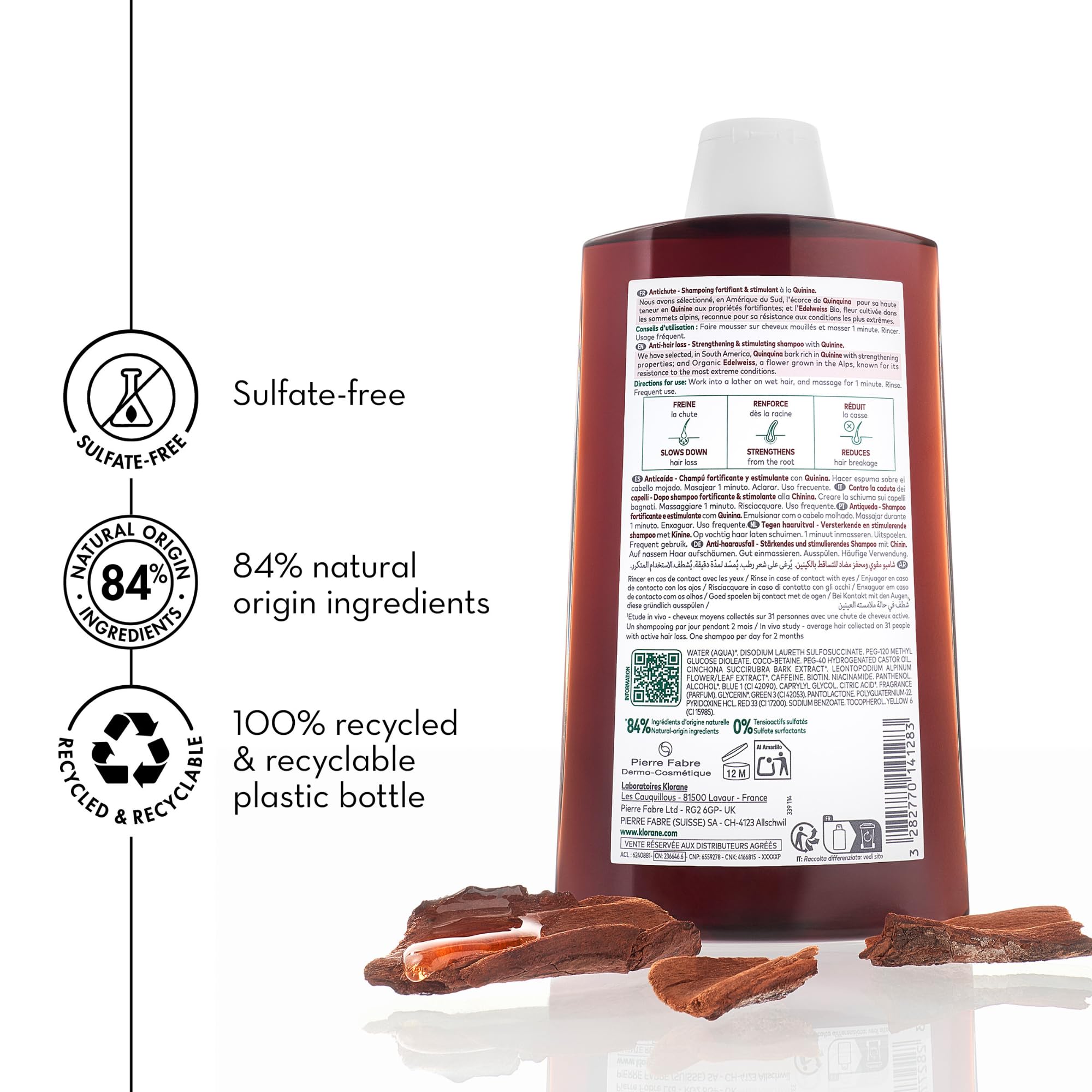 Klorane Quinine Thickening Shampoo for hair loss, 13.5 oz, in a clear bottle with a white and purple label, showing the shampoo inside.