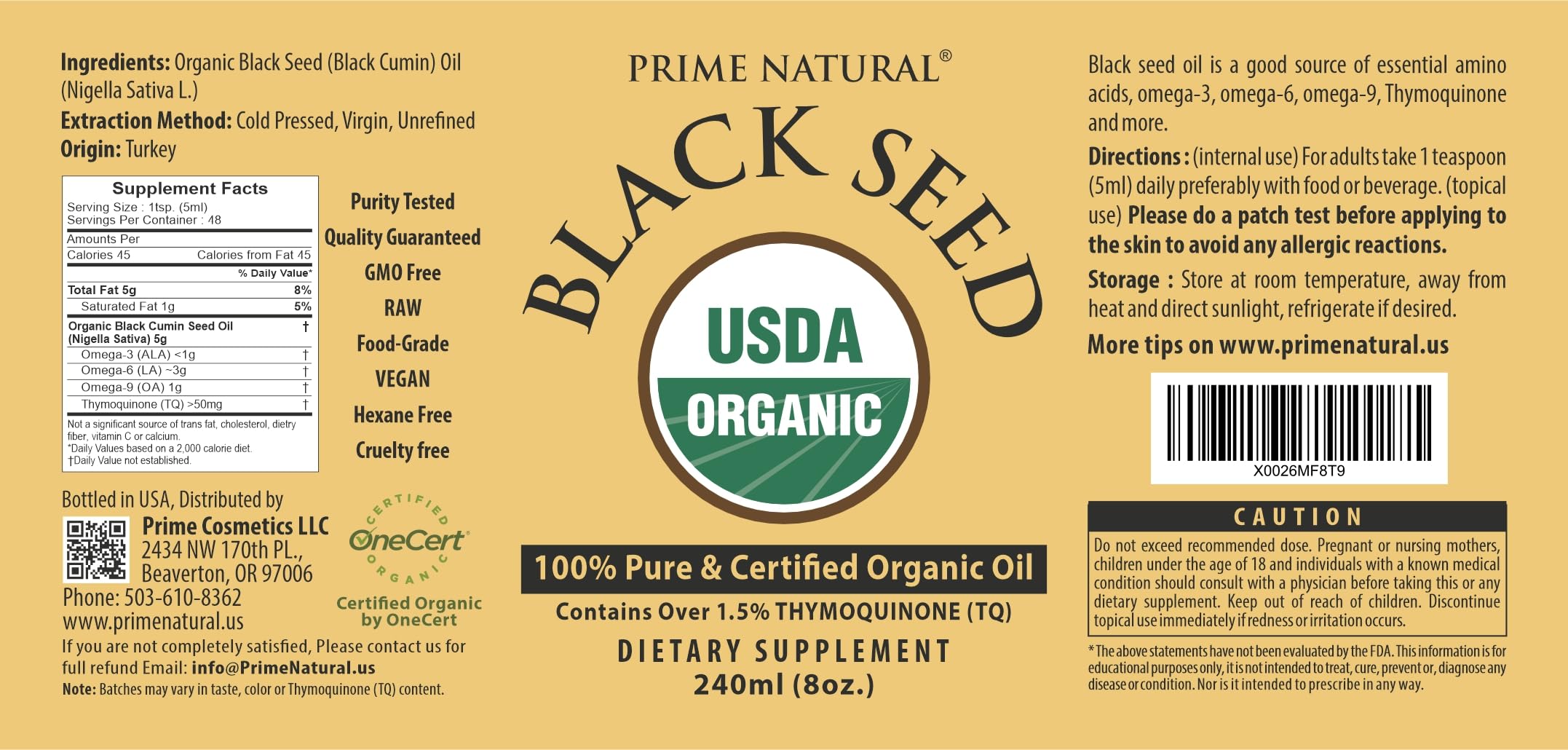 PRIME NATURAL Organic Black Seed Oil Cold Pressed Cumin Seed Oil 8oz