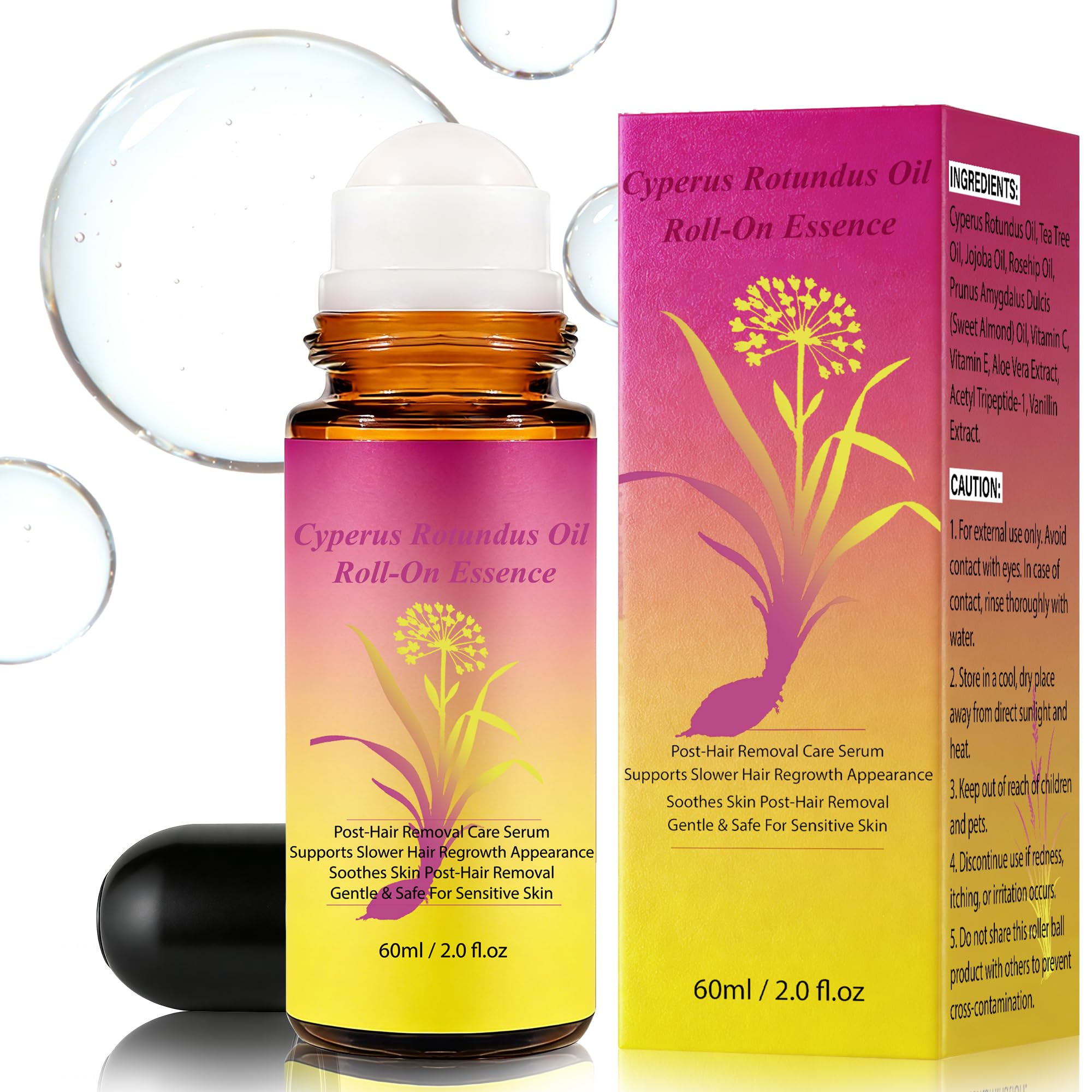 SRIOIO Cyperus Rotundus oil for hair removal and smooth skin, 2oz bottle, with natural ingredients and clear labeling.