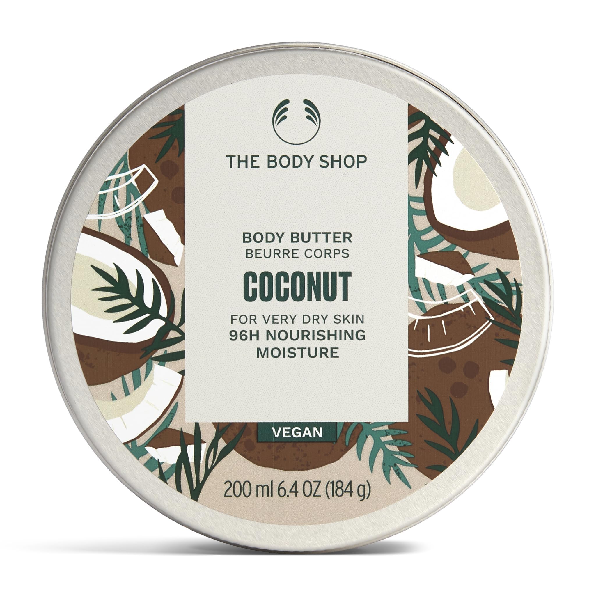 The Body Shop Coconut Body Butter in 6.4 oz jar, showing creamy moisturizer for dry skin with natural coconut scent.